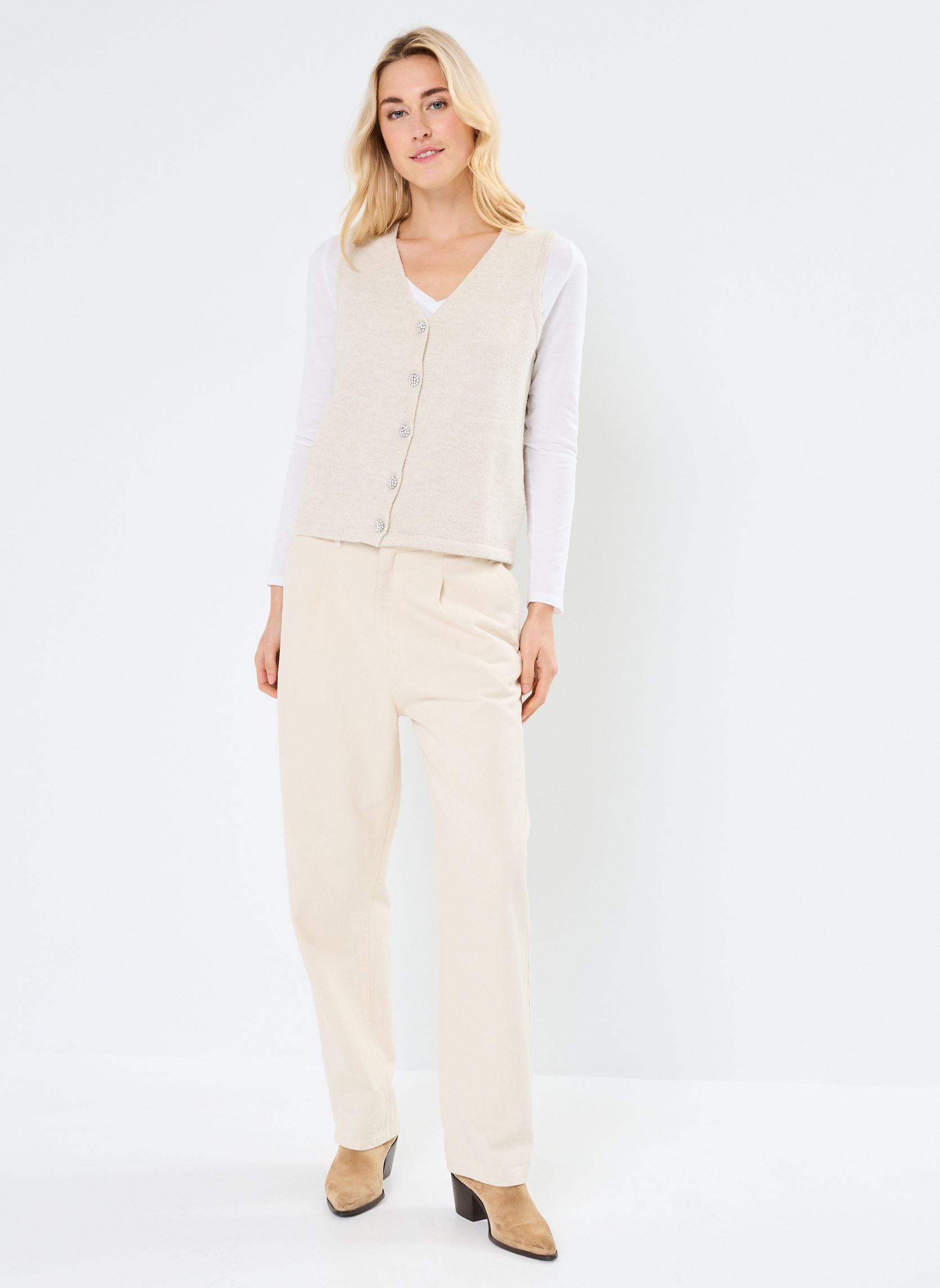 Gilets VILYLA S/L V-NECK KNIT BUTTON TOP/LS femme beige Vila Gilets VILYLA S/L V-NECK KNIT BUTTON TOP/LS femme beige BIRCH