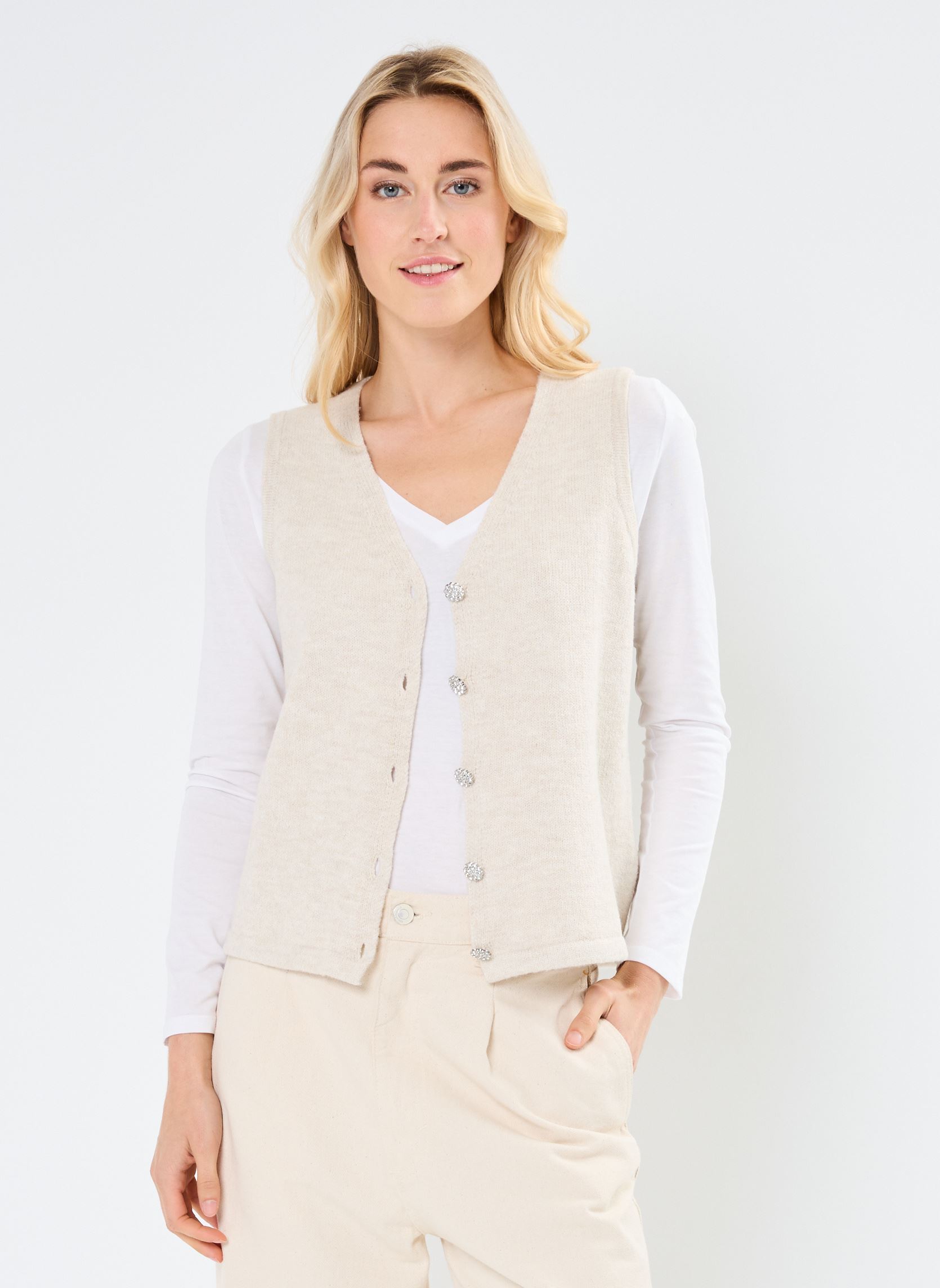Gilets VILYLA S/L V-NECK KNIT BUTTON TOP/LS femme beige Vila Gilets VILYLA S/L V-NECK KNIT BUTTON TOP/LS femme beige BIRCH