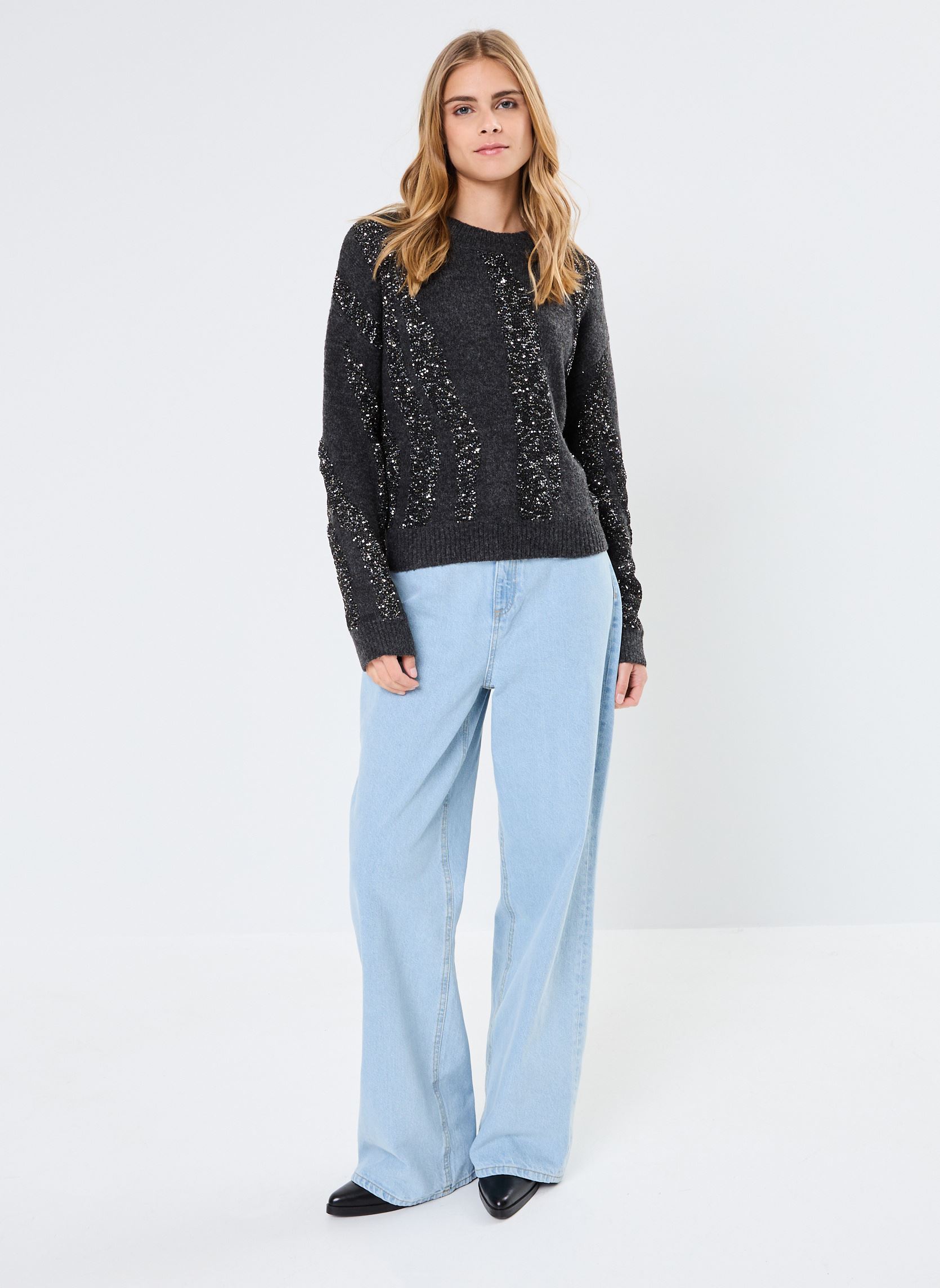 Maglioni Pcrada Ls O-Neck Sequin Knit donna grigio Pieces Maglioni Pcrada Ls O-Neck Sequin Knit donna grigio Dark Grey Melange