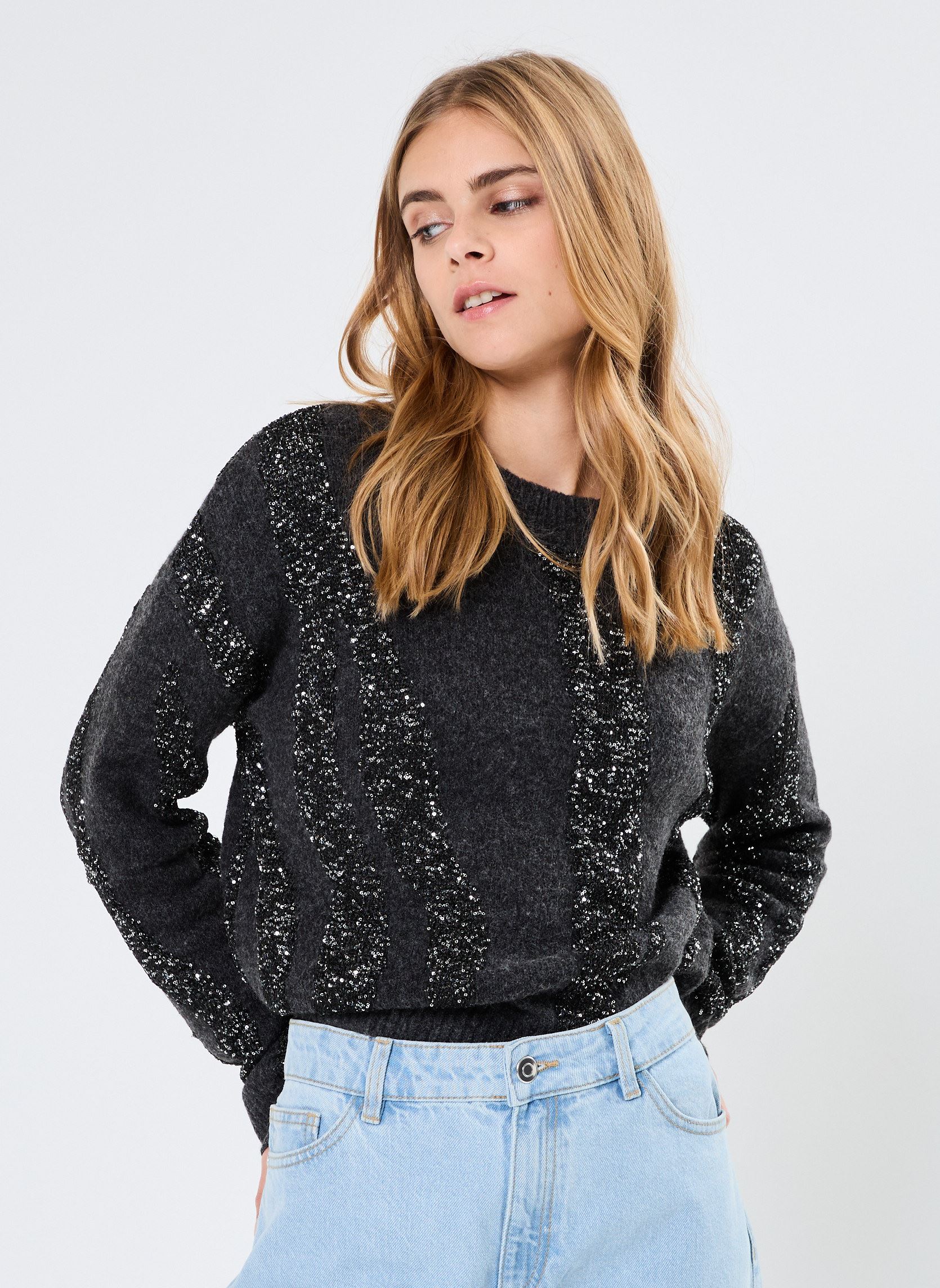 Maglioni Pcrada Ls O-Neck Sequin Knit donna grigio Pieces Maglioni Pcrada Ls O-Neck Sequin Knit donna grigio Dark Grey Melange