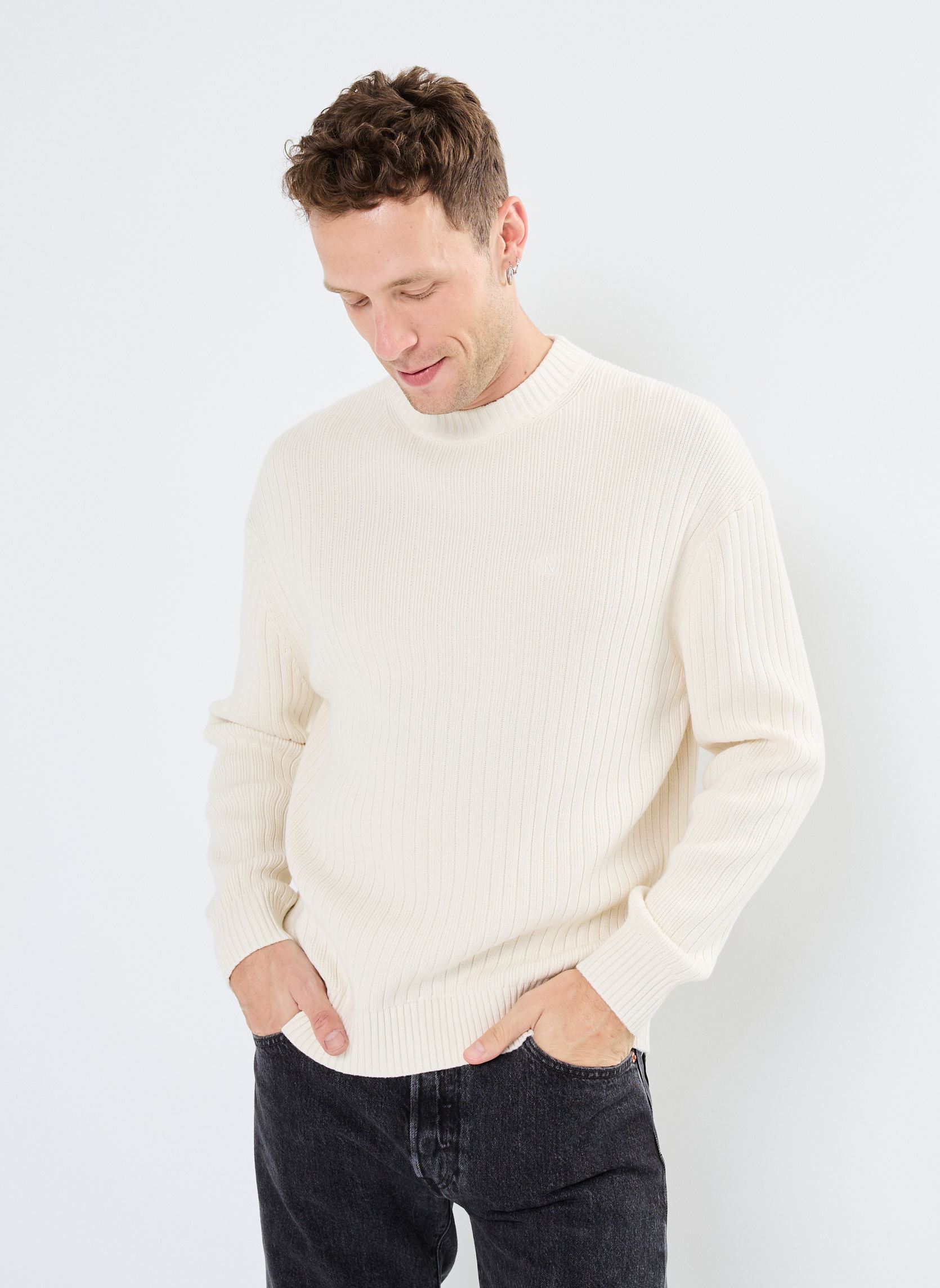 Sweat shirt Calvin Klein Jeans Pull homme Ref 63857 YBI Ecru EU - vue 4