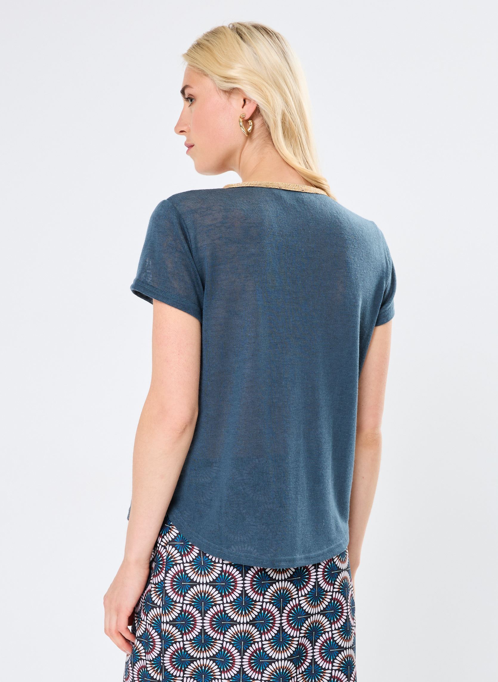 Tee-shirts manches courtes LADIES KNITTED TEE femme bleu Molly Bracken Tee-shirts manches courtes LADIES KNITTED TEE femme bleu PETROL BLUE