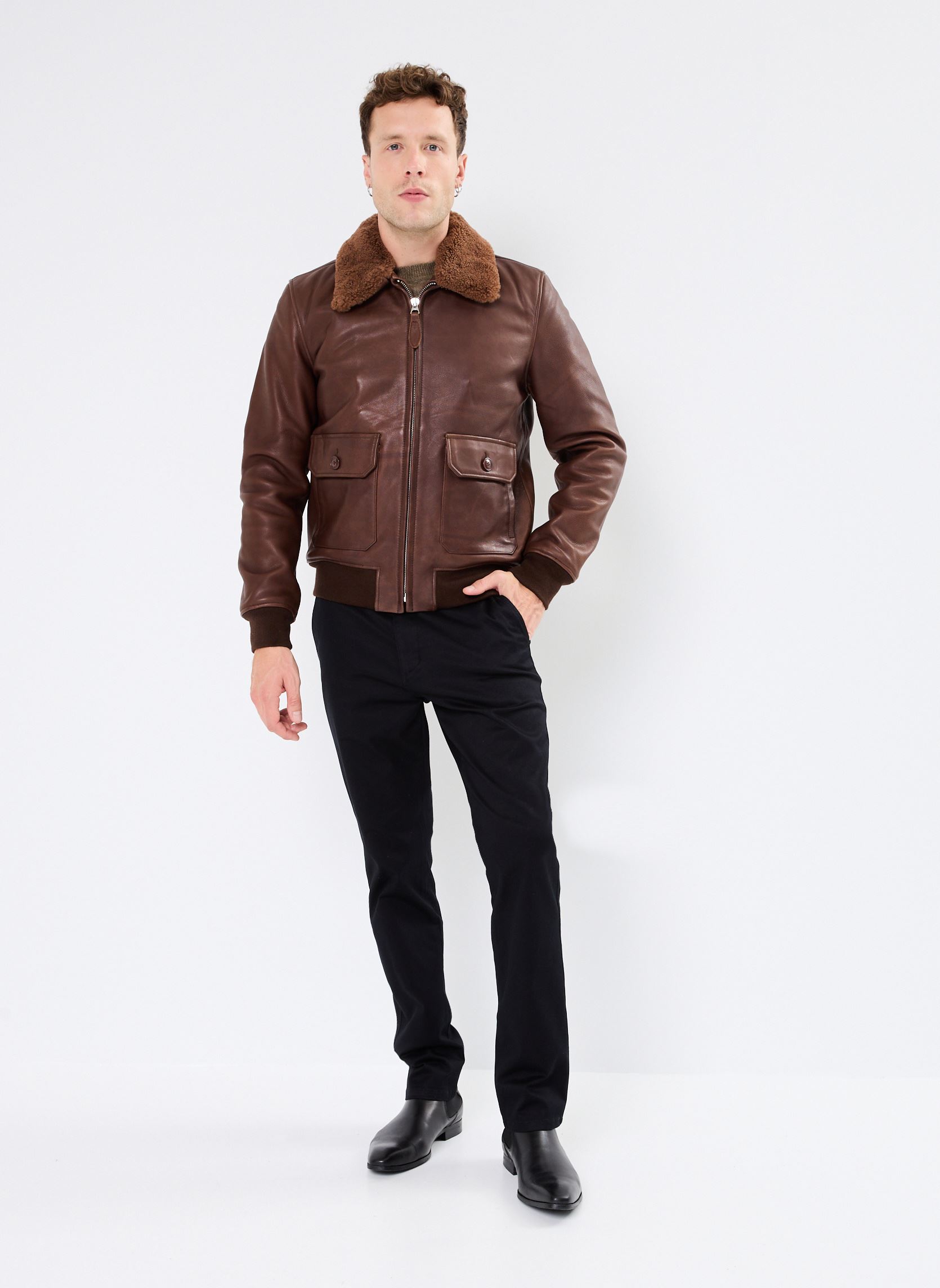 Blousons Blouson Aviateur Avec Col En Peau De Mou homme marron Schott Blousons Blouson Aviateur Avec Col En Peau De Mou homme marron BROWN