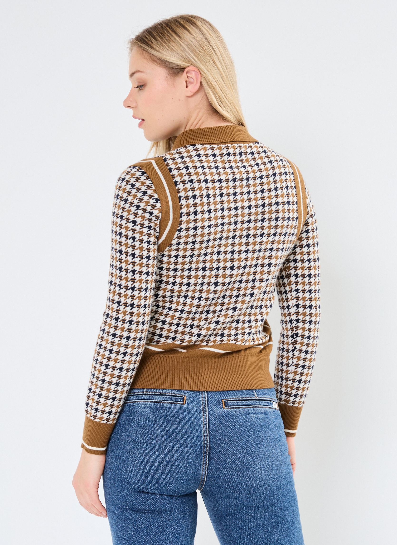 Pulls Houndstooth Jacquard Polo femme beige GANT Pulls Houndstooth Jacquard Polo femme beige OCRE BRULE