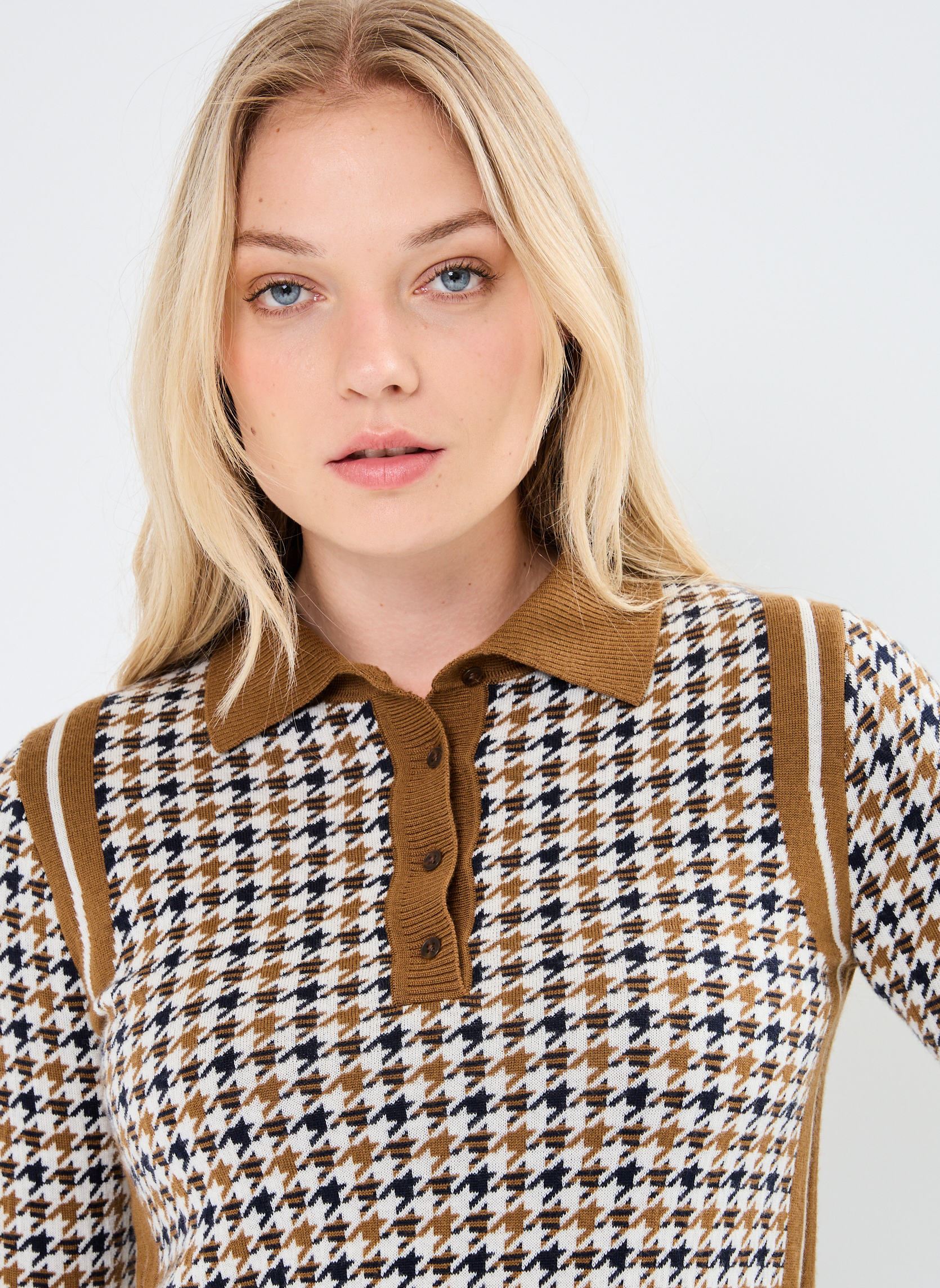 Pulls Houndstooth Jacquard Polo femme beige GANT Pulls Houndstooth Jacquard Polo femme beige OCRE BRULE