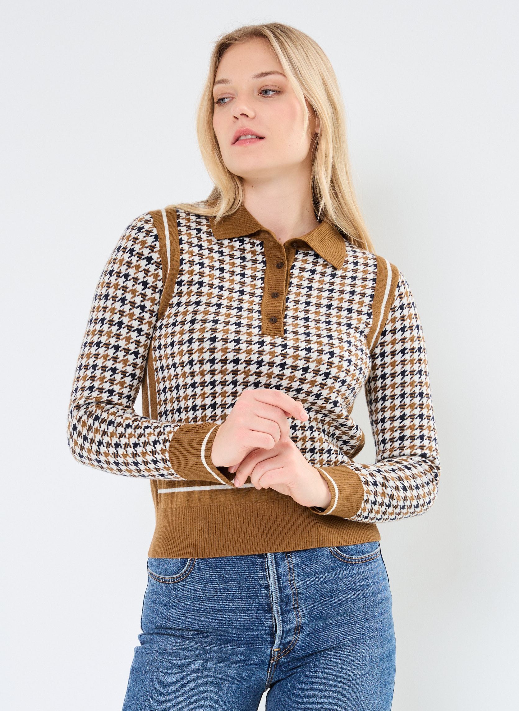 Pulls Houndstooth Jacquard Polo femme beige GANT Pulls Houndstooth Jacquard Polo femme beige OCRE BRULE