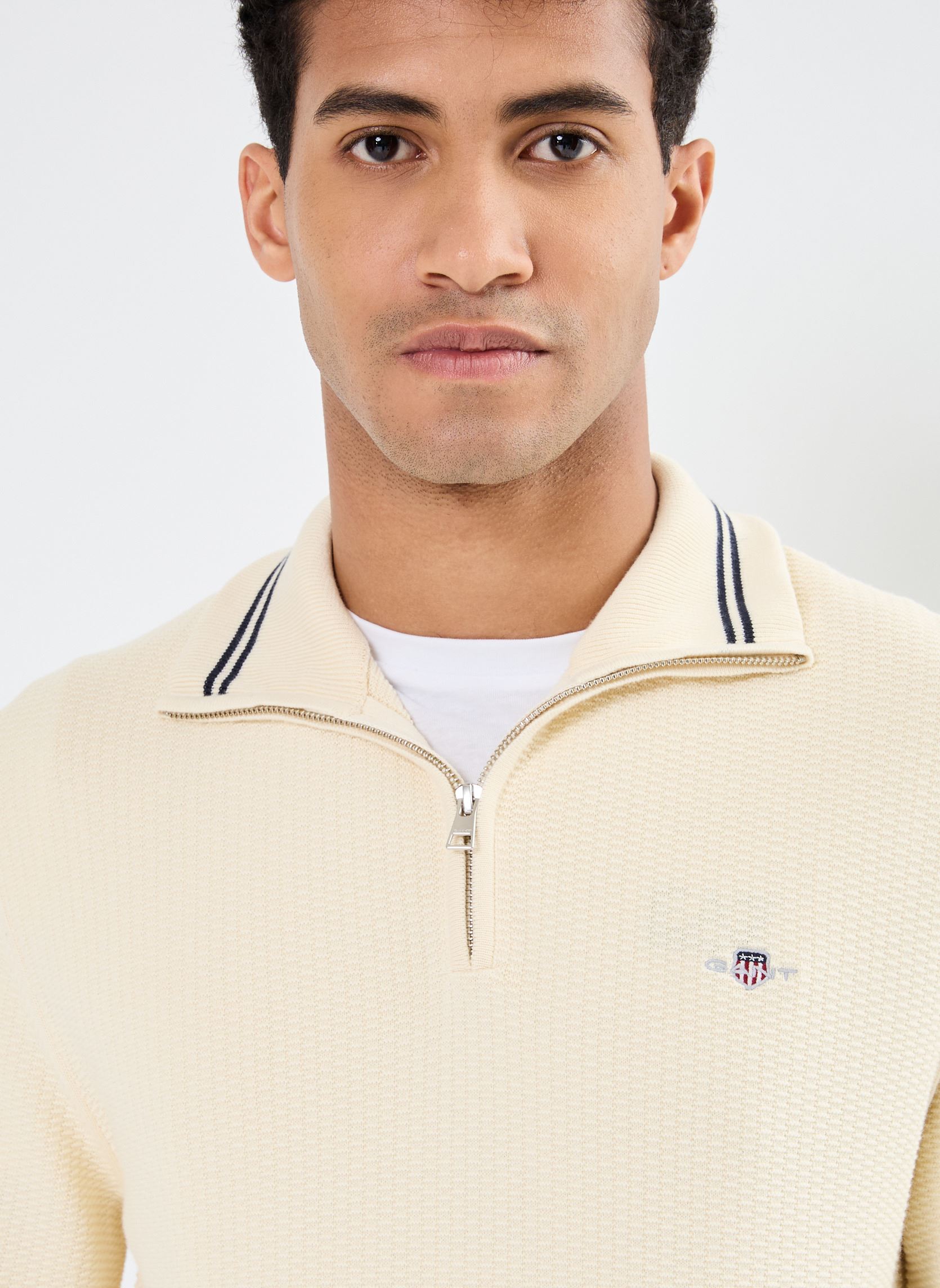 Pulls Cotton Micro Textured Half Zip homme blanc GANT Pulls Cotton Micro Textured Half Zip homme blanc CREME