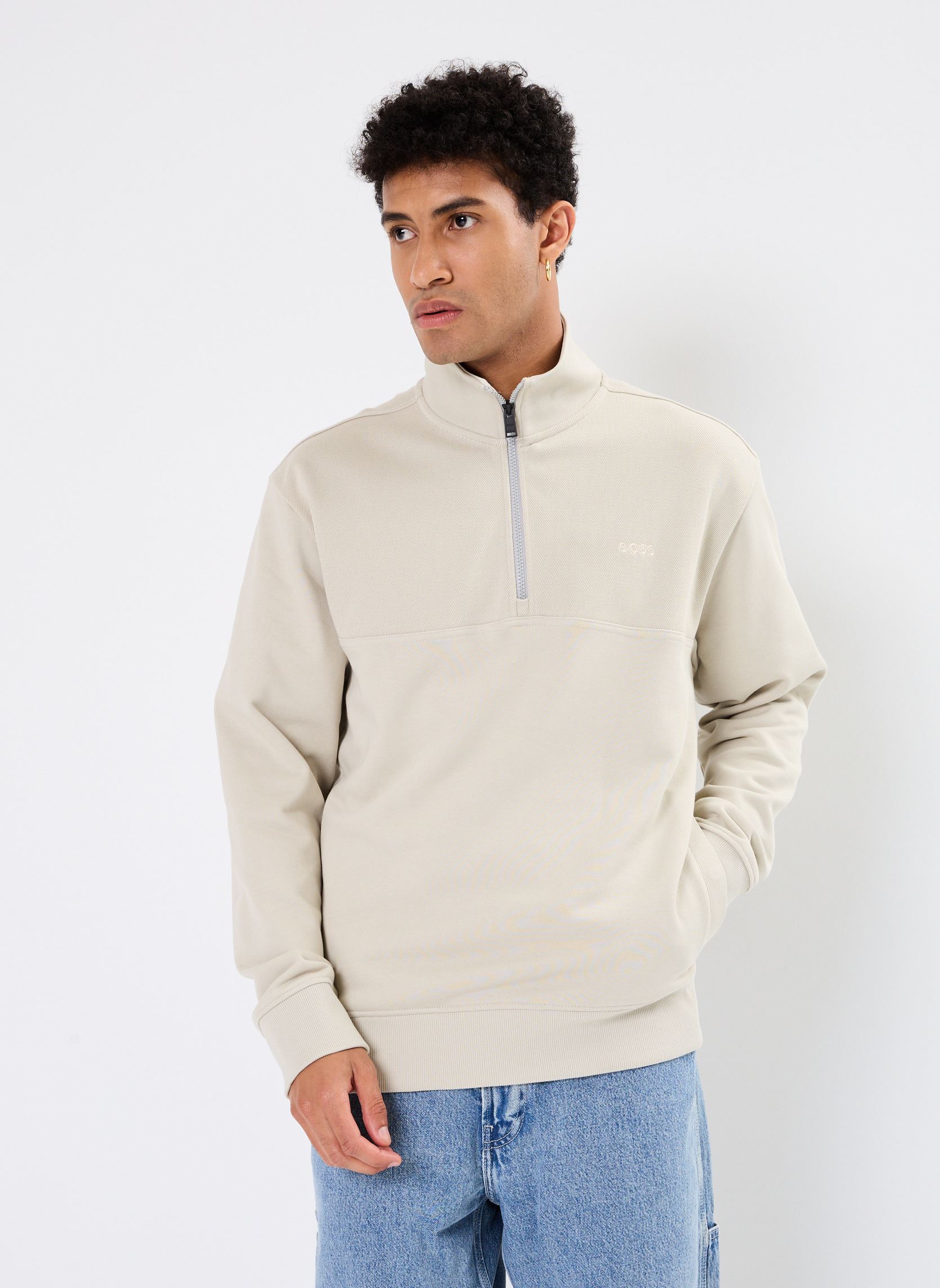 Sweat shirt BOSS Pull Courduroy Demi Zip Ecru EU - vue 1