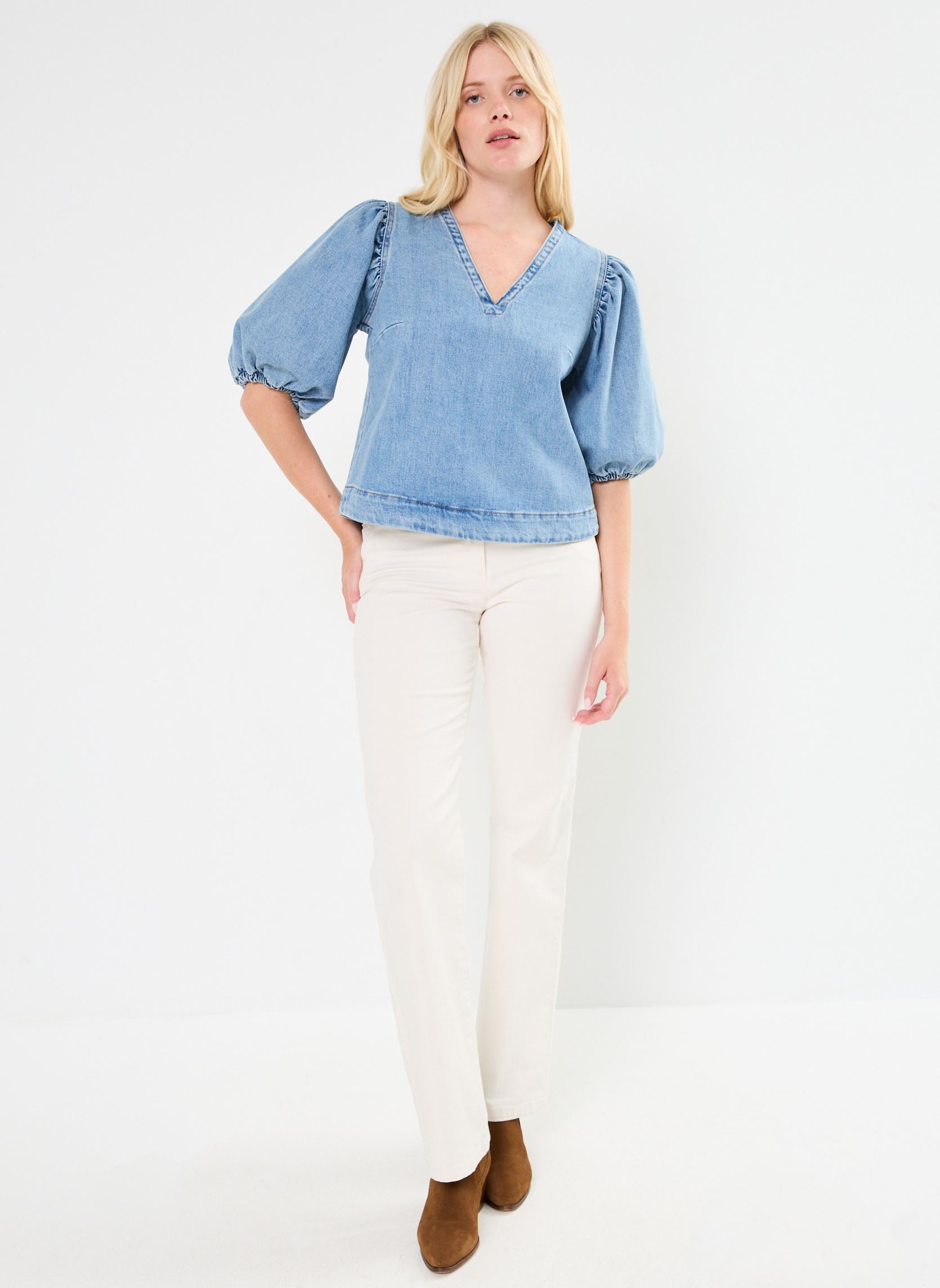 Kurzarm-Blusen NUTORONTO BLOUSE damen blau Nümph Kurzarm-Blusen NUTORONTO BLOUSE damen blau MEDIUM BLUE DENIM