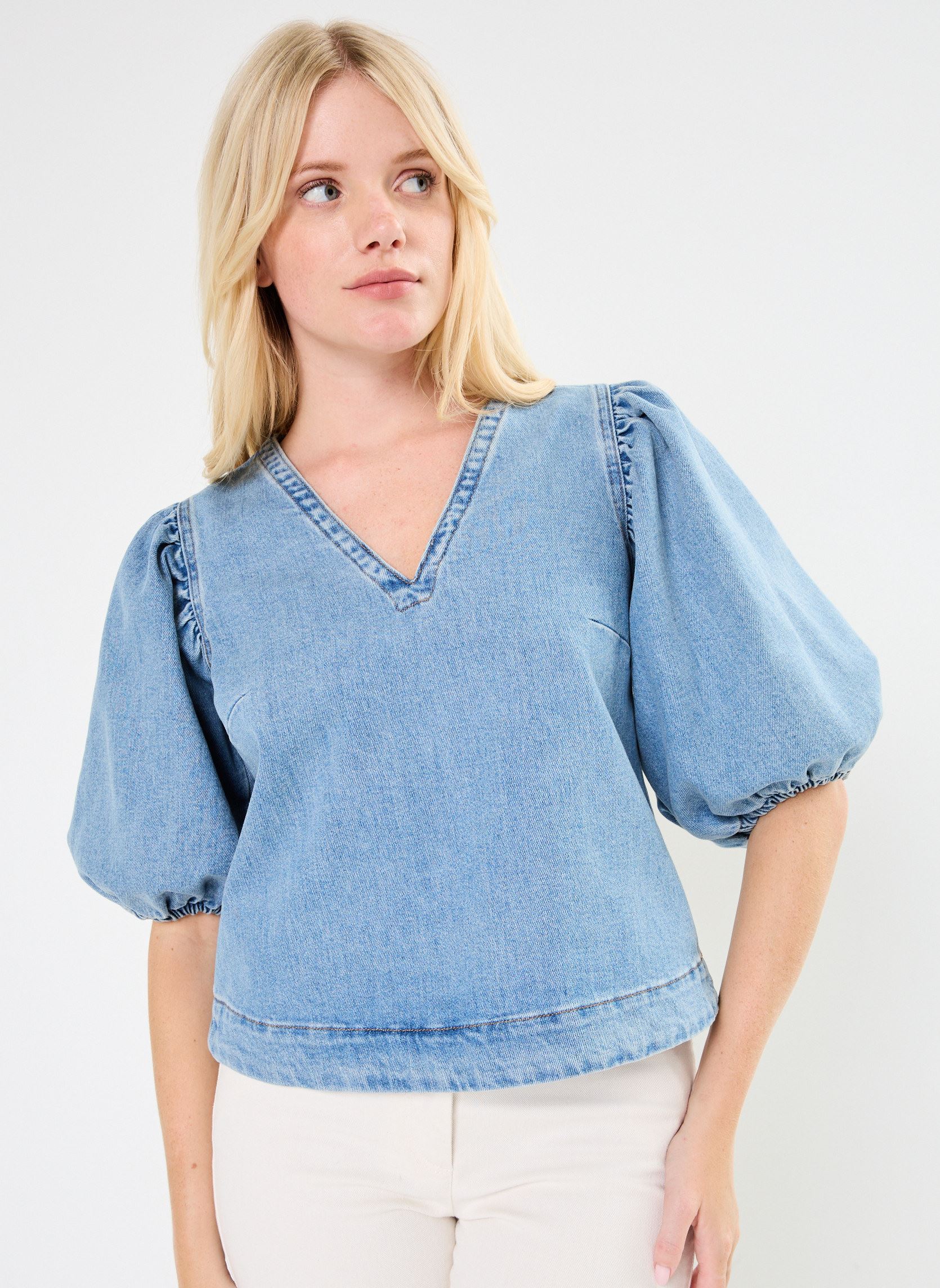 Kurzarm-Blusen NUTORONTO BLOUSE damen blau Nümph Kurzarm-Blusen NUTORONTO BLOUSE damen blau MEDIUM BLUE DENIM