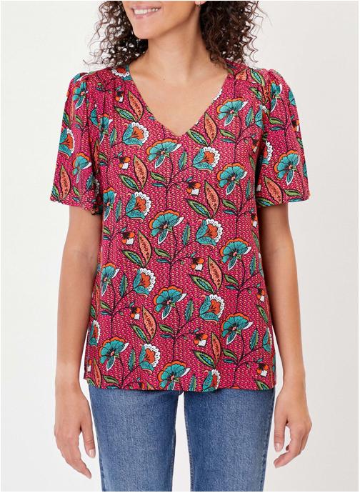 Top Fleuri Rose Pâle Bluelita - Taille S, Coton, Occasion Très Bon état