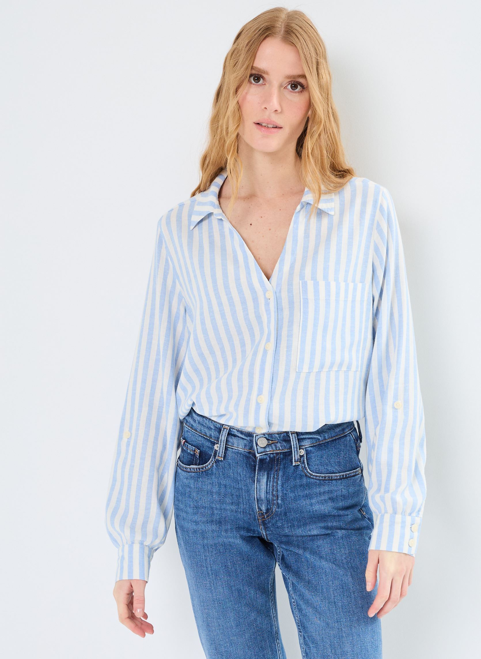 Chemises manches longues CHEMISE-LIN rayures femme bleu MADE BY Chemises manches longues CHEMISE-LIN rayures femme bleu RAY-LINA-B