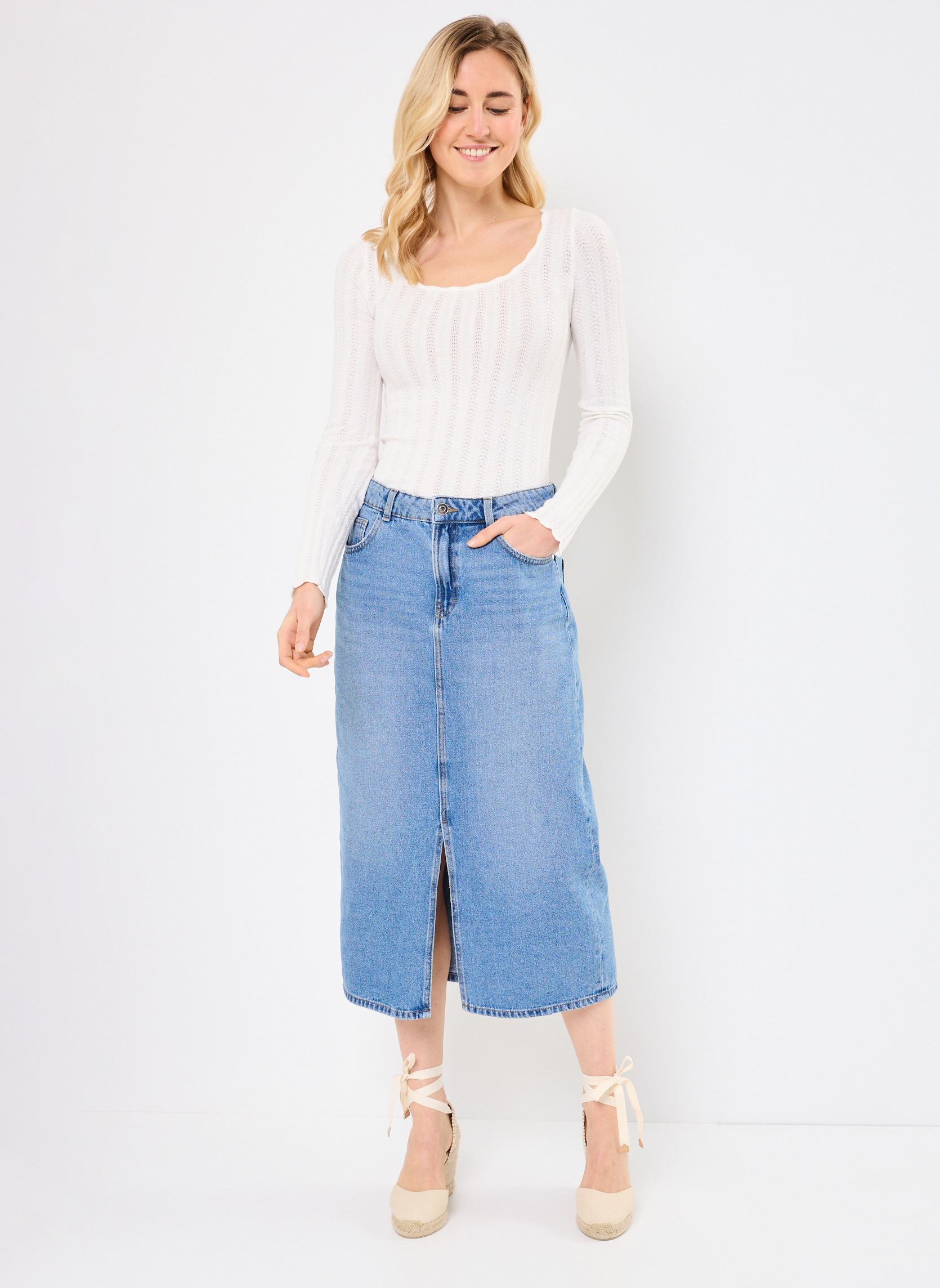 Jupes longues JUPE-DENIM femme bleu MADE BY Jupes longues JUPE-DENIM femme bleu DENIM DOUBLE STONE