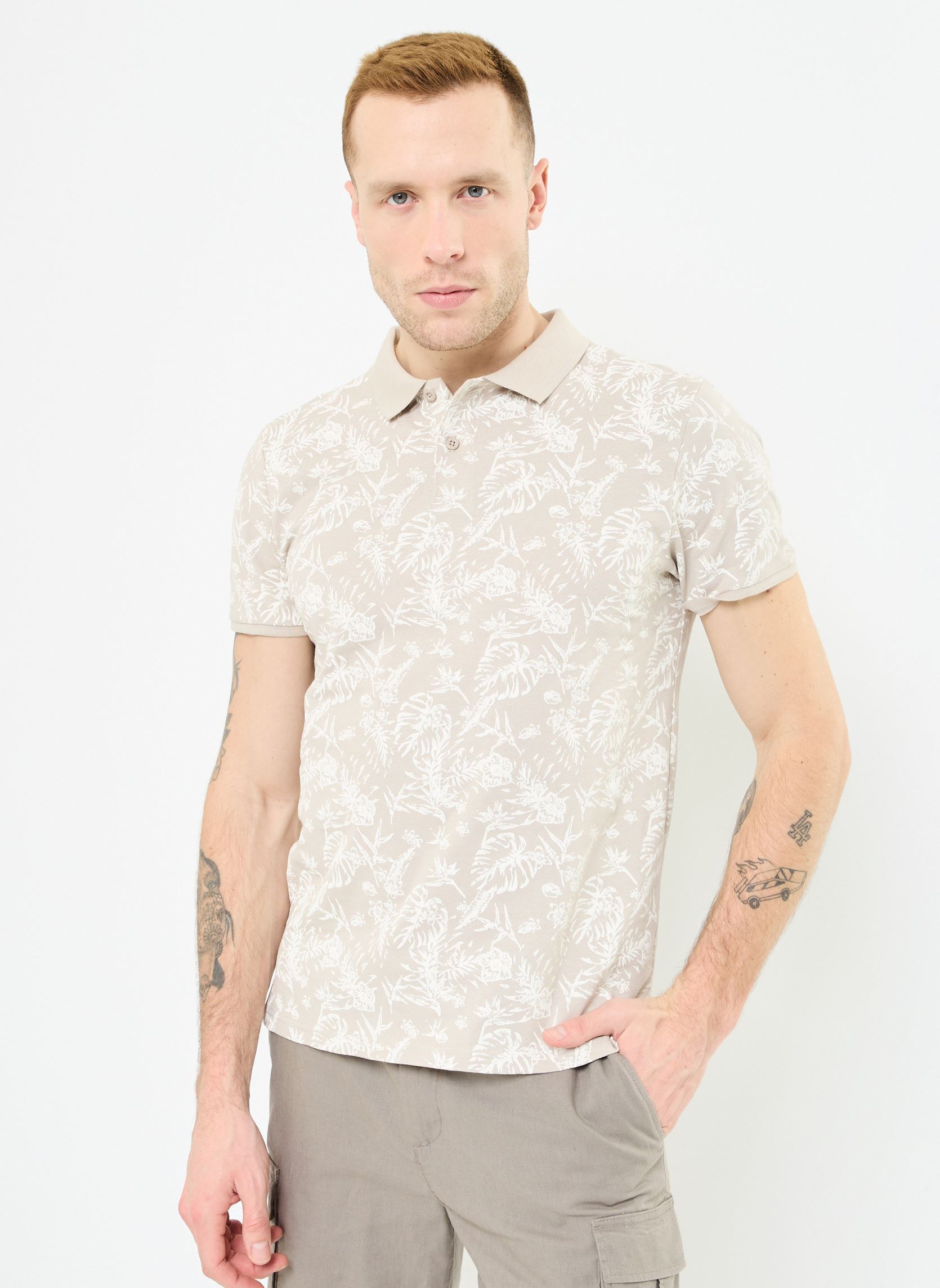 Polos T-POLO-FEUILLE homme beige MADE BY Polos T-POLO-FEUILLE homme beige FEUILLES1TONE_SNOW