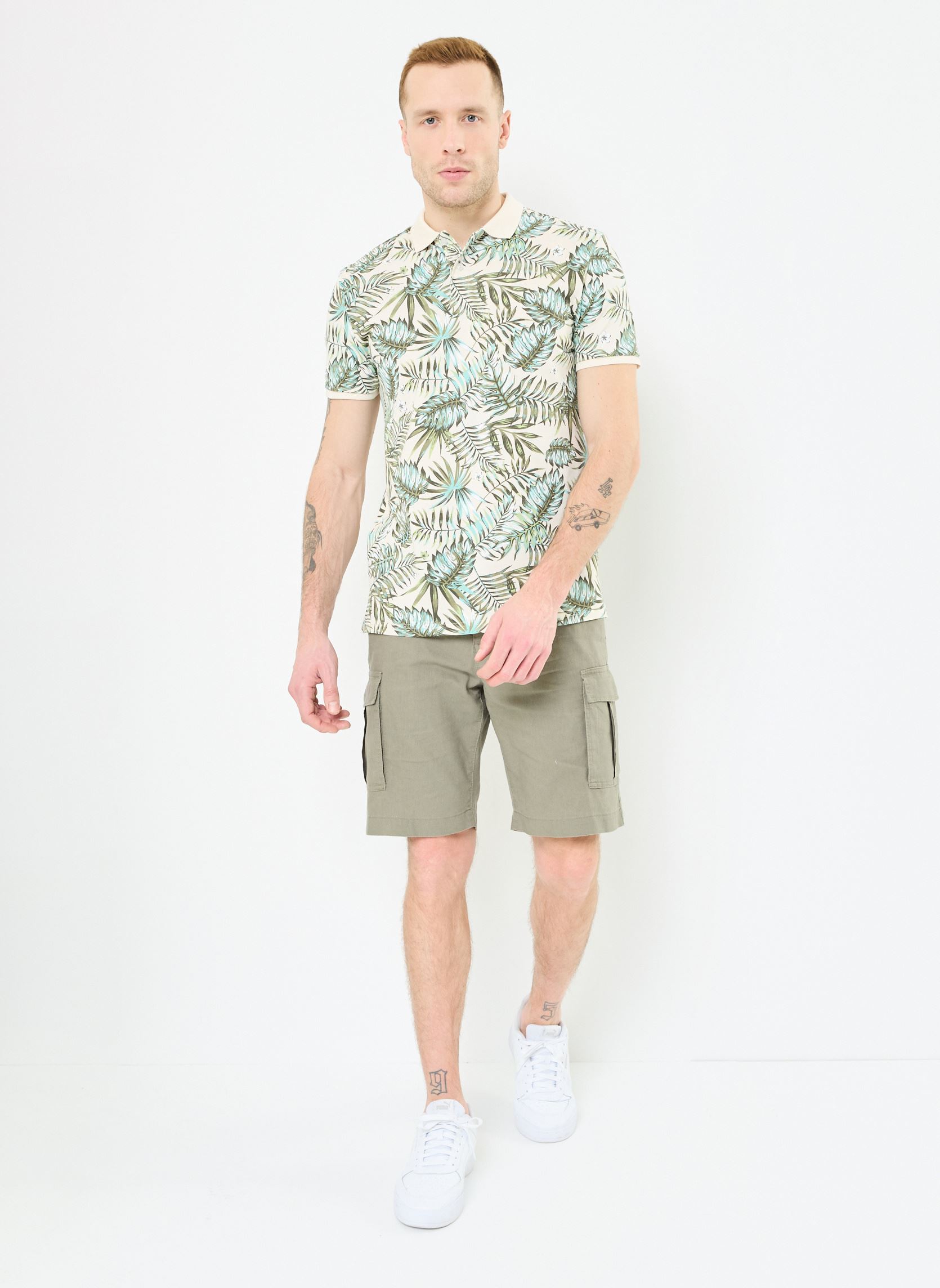Kurzarm-Poloshirts T-POLO-FLEURS herren beige MADE BY Kurzarm-Poloshirts T-POLO-FLEURS herren beige PALM_MULTI_BIRCH