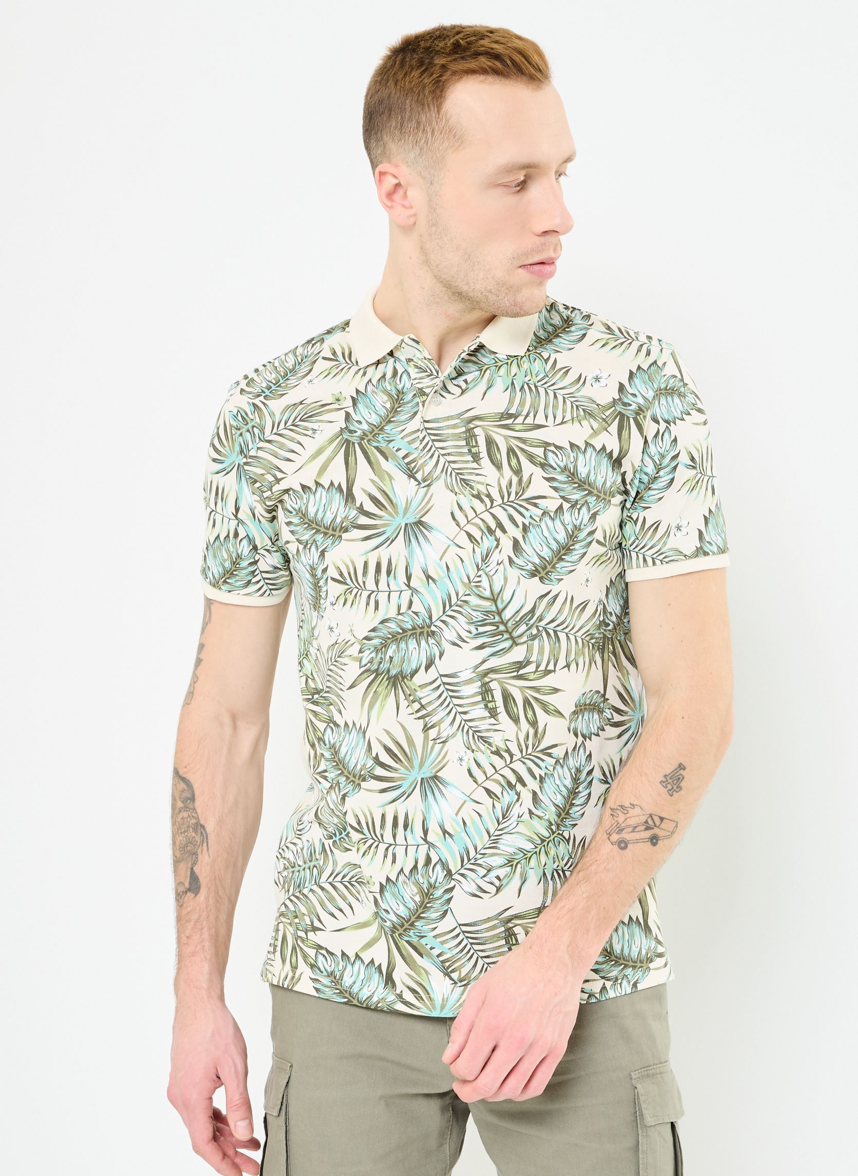 Kurzarm-Poloshirts T-POLO-FLEURS herren beige MADE BY Kurzarm-Poloshirts T-POLO-FLEURS herren beige PALM_MULTI_BIRCH