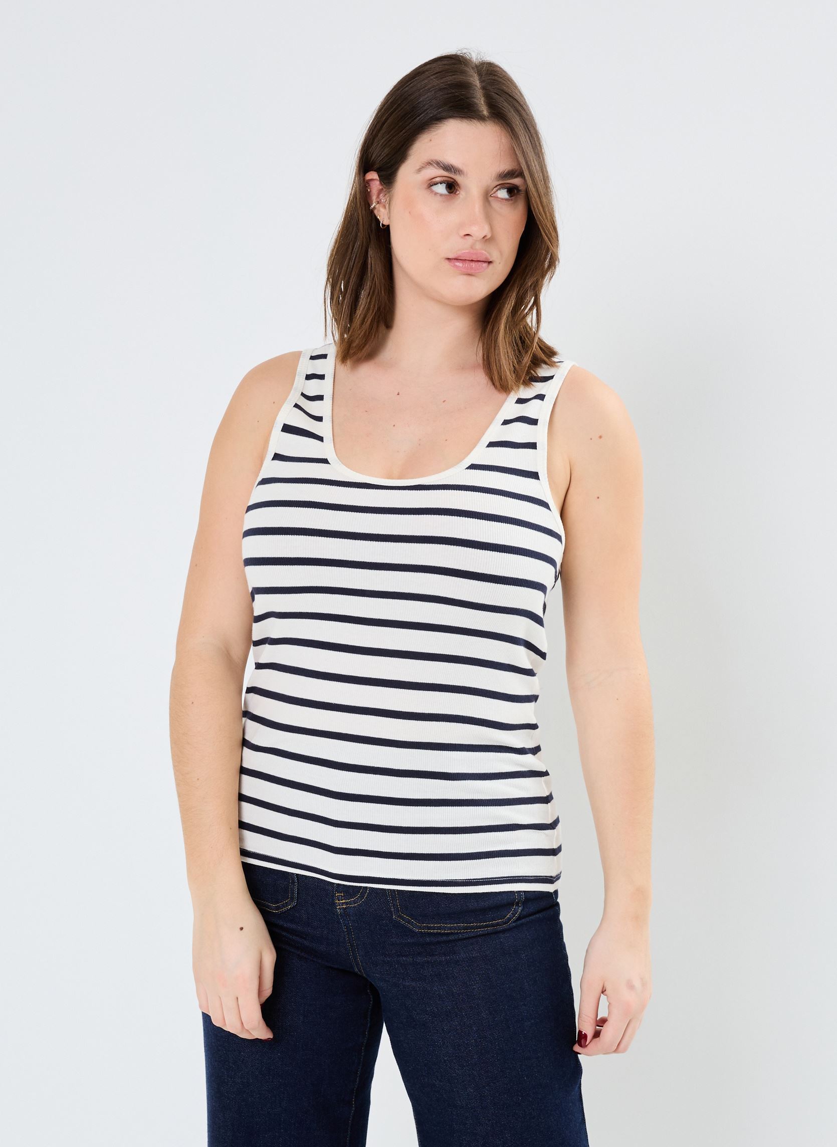 Débardeurs DEBARDEUR-TUNISIEN femme bleu MADE BY Débardeurs DEBARDEUR-TUNISIEN femme bleu IMP_RAYURE MARINE_ECRU