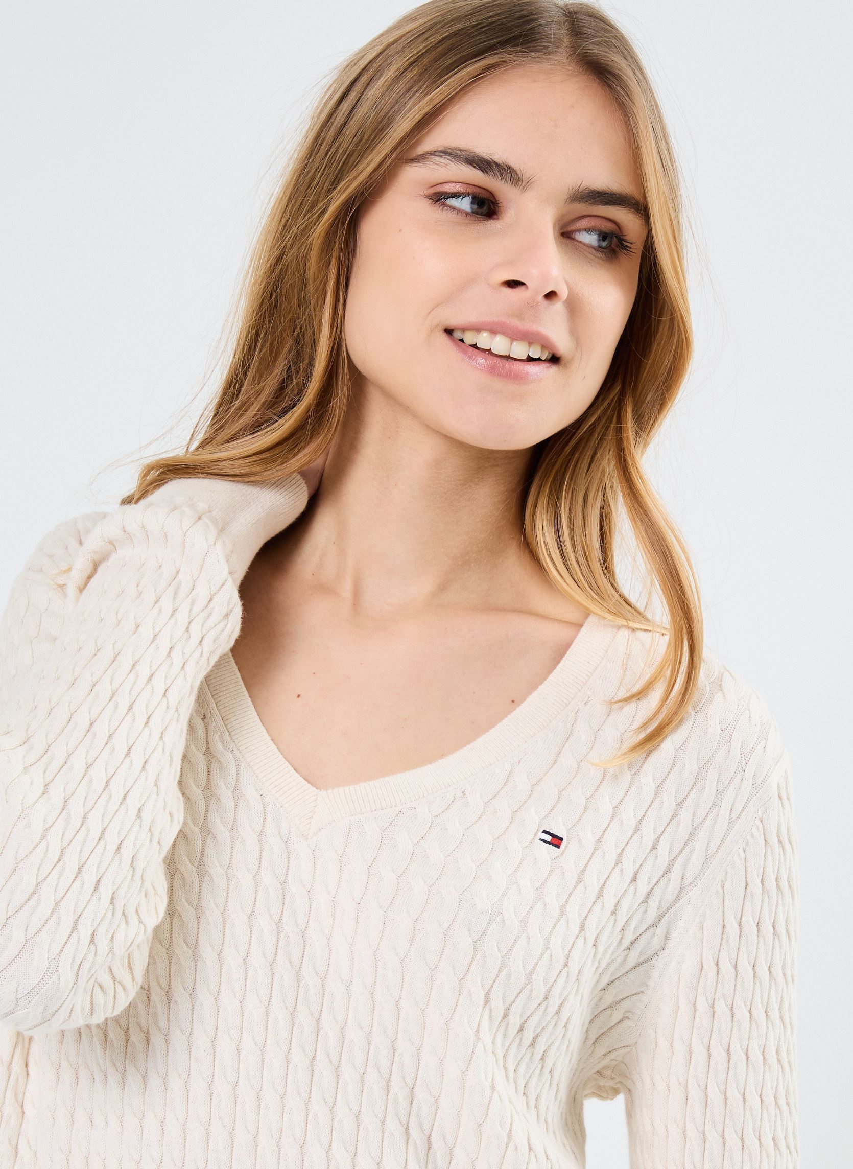 Pulls Co Cable Fine Gg V-N WW0WW44987 femme beige Tommy Hilfiger Pulls Co Cable Fine Gg V-N WW0WW44987 femme beige Heather Ivory Petal