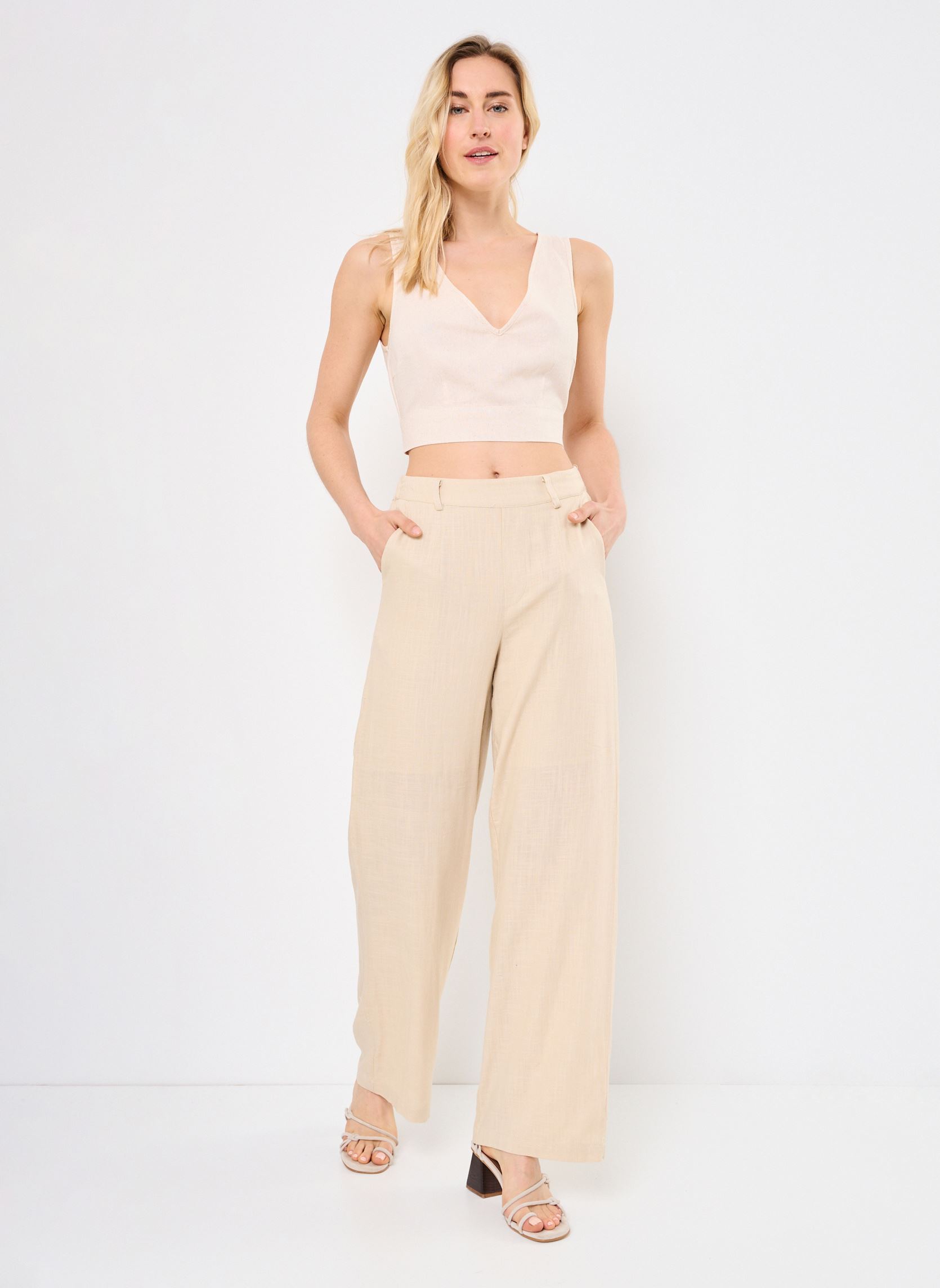 Tops VMMYMILO S/L CROP TOP WVN GA dames beige Vero Moda Tops VMMYMILO S/L CROP TOP WVN GA dames beige Oatmeal