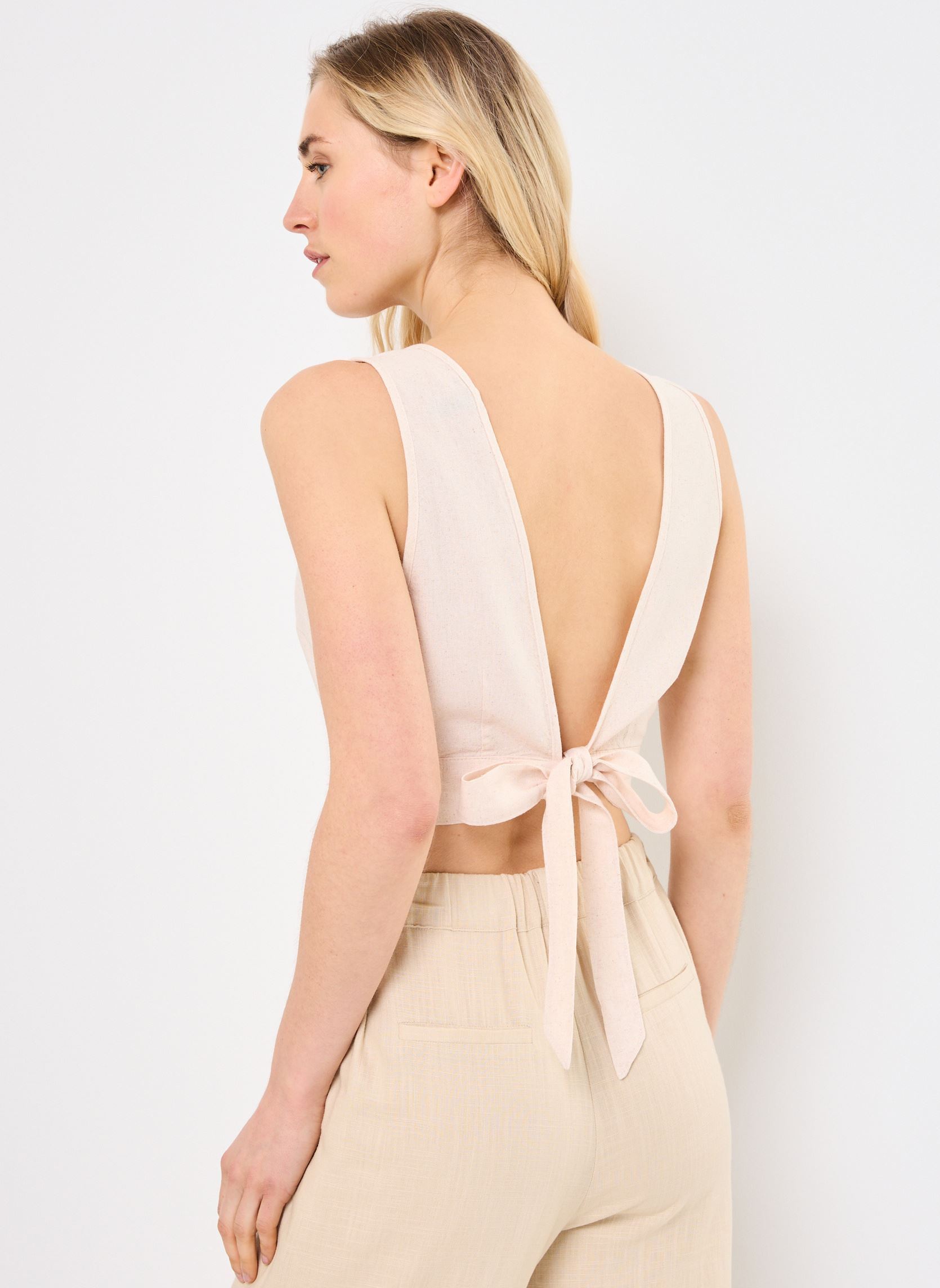 Tops VMMYMILO S/L CROP TOP WVN GA dames beige Vero Moda Tops VMMYMILO S/L CROP TOP WVN GA dames beige Oatmeal