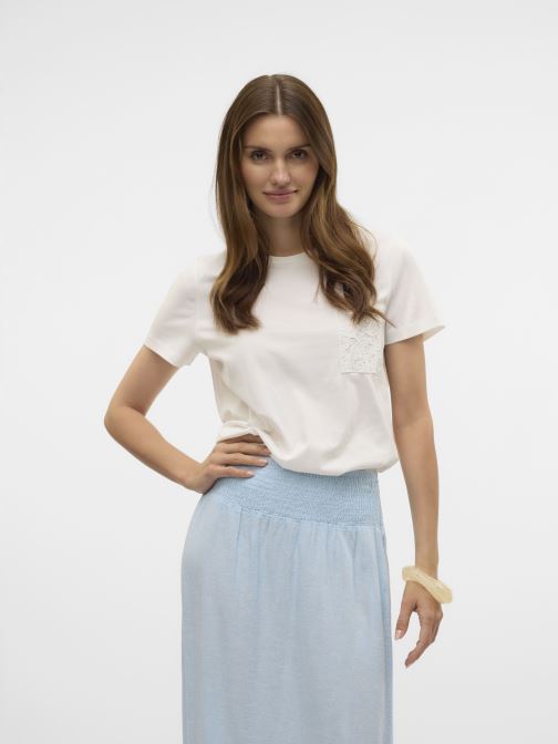VERO MODA Camicia Vmthea SS Tie-Maglietta Wvn Noos Donna – Colletto A Fascia, Manica Corta, Taglio Largo, Stile Moderno
