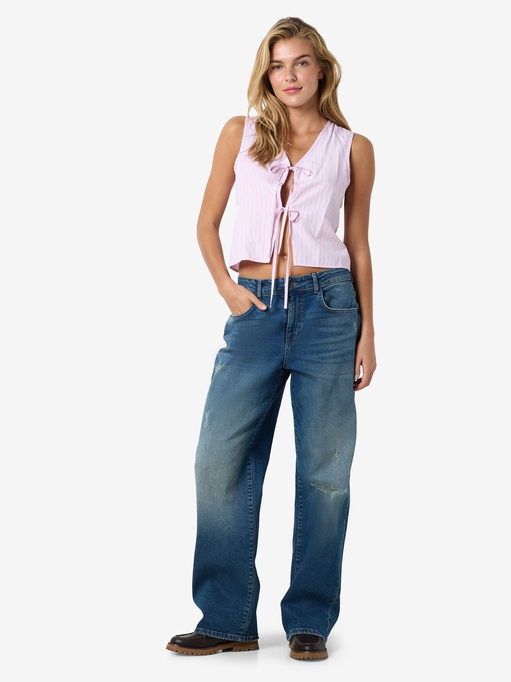 Tops NMFRIDA S/L TIE VEST WVN dames roze Noisy May Tops NMFRIDA S/L TIE VEST WVN dames roze Bonbon