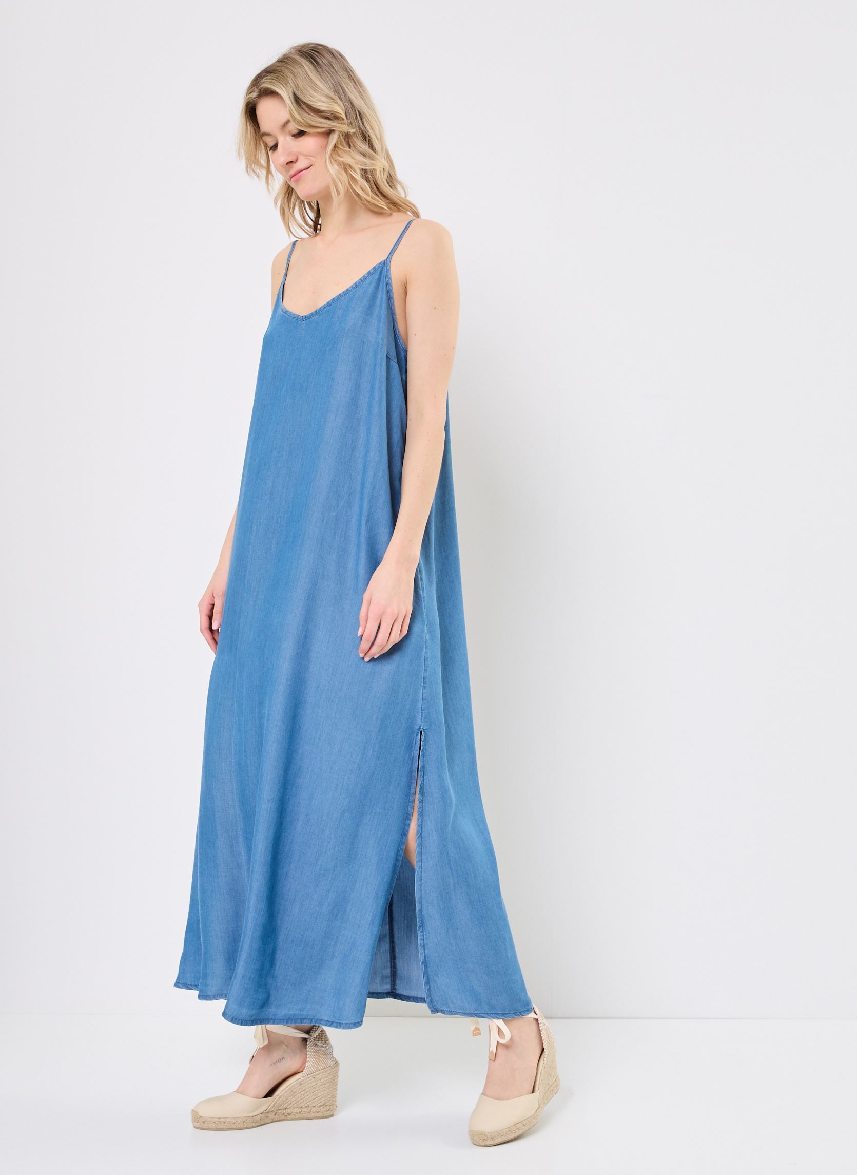 Lange jurken ROBE-TENCEL dames blauw MADE BY Lange jurken ROBE-TENCEL dames blauw DENIM DOUBLE STONE