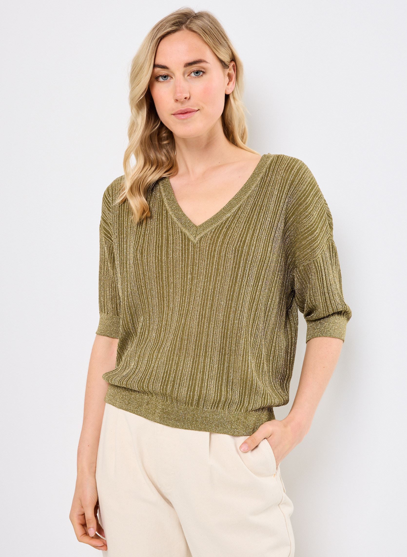 Kurzarm-T-Shirts VISHEM V-NECK 2/4 GLITTER KNIT TOP damen grün Vila Kurzarm-T-Shirts VISHEM V-NECK 2/4 GLITTER KNIT TOP damen grün Capulet Olive