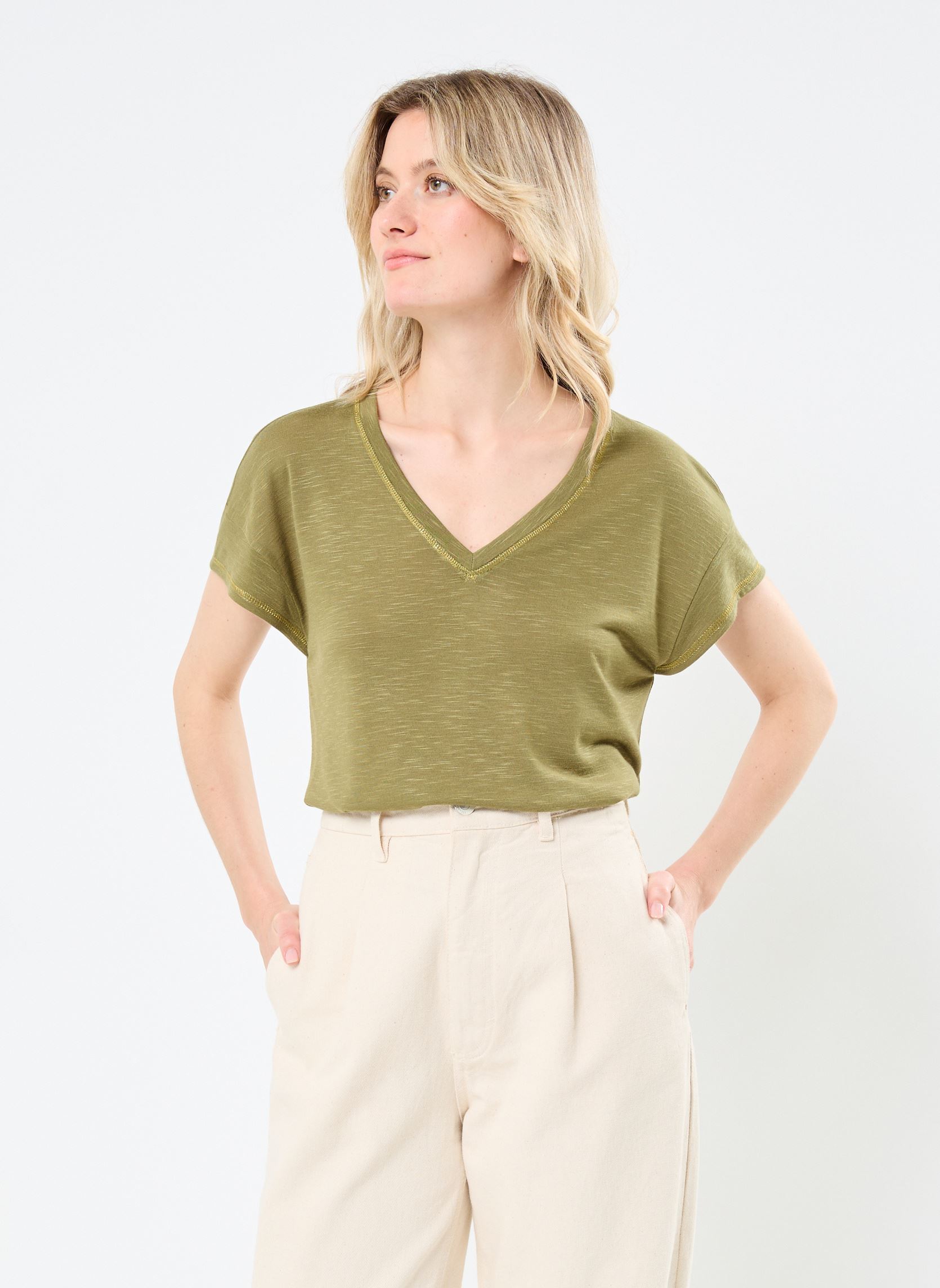 Kurzarm-T-Shirts VINOEL V-NECK S/S STITCH DETAIL TOP damen grün Vila Kurzarm-T-Shirts VINOEL V-NECK S/S STITCH DETAIL TOP damen grün Capulet Olive