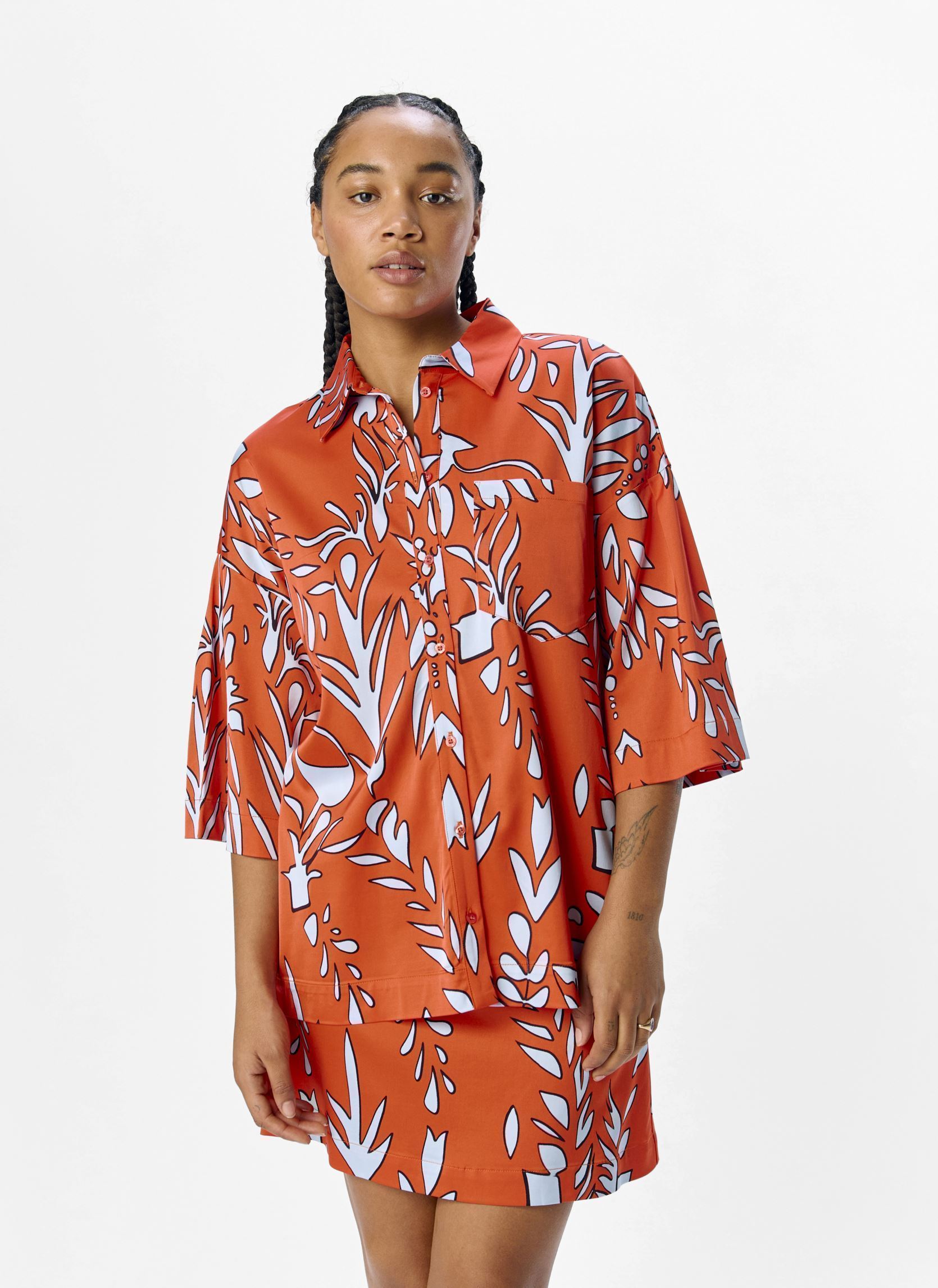 Chemise Femme Manches Courtes Vert Vif & Orange - Taille UK 12 - Occasion Très Bon État