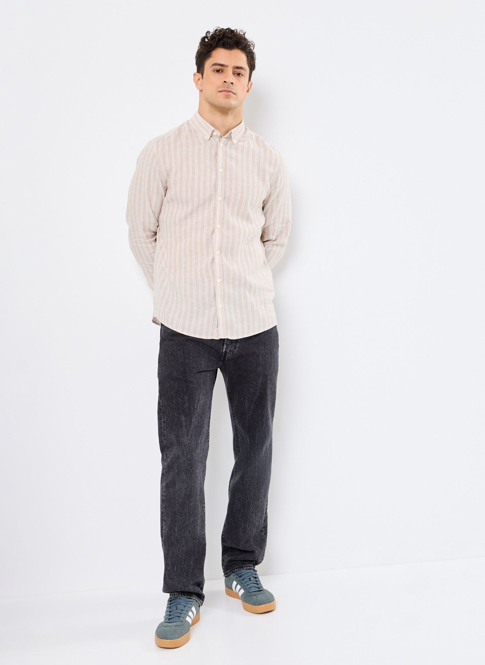 Hemden CFDALLAS LS BD striped 100% linen shirt heren beige Casual Friday Hemden CFDALLAS LS BD striped 100% linen shirt heren beige PLAZA TAUPE