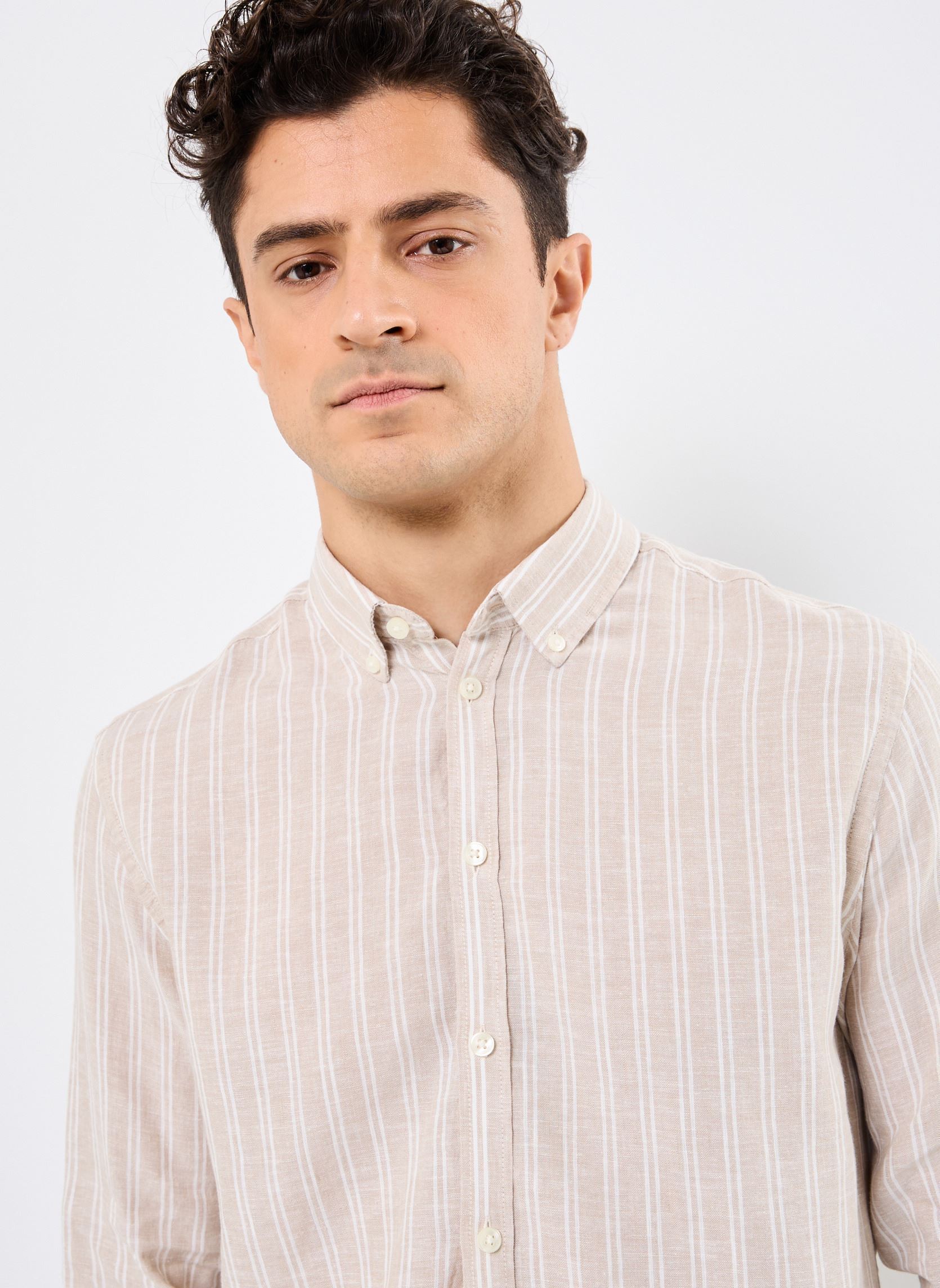 Hemden CFDALLAS LS BD striped 100% linen shirt heren beige Casual Friday Hemden CFDALLAS LS BD striped 100% linen shirt heren beige PLAZA TAUPE