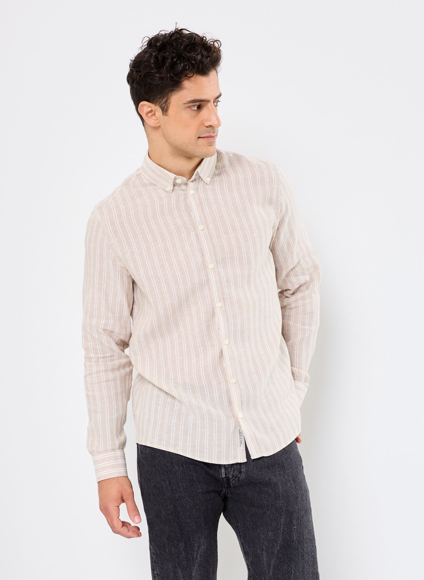 Hemden CFDALLAS LS BD striped 100% linen shirt heren beige Casual Friday Hemden CFDALLAS LS BD striped 100% linen shirt heren beige PLAZA TAUPE