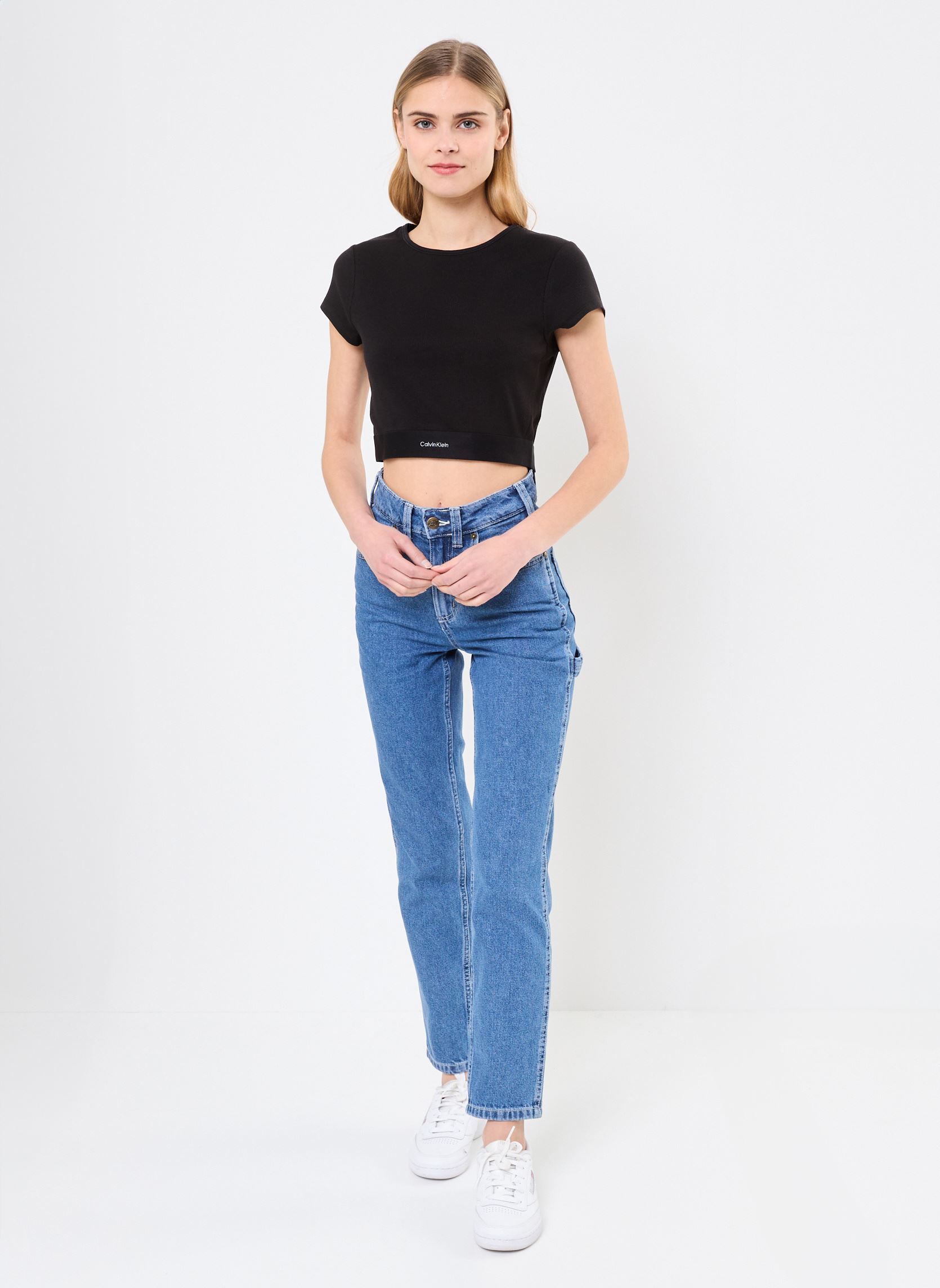 Tee-shirts manches courtes Rib Crop Tee LV00QS7349 femme noir Calvin Klein Tee-shirts manches courtes Rib Crop Tee LV00QS7349 femme noir BLACK