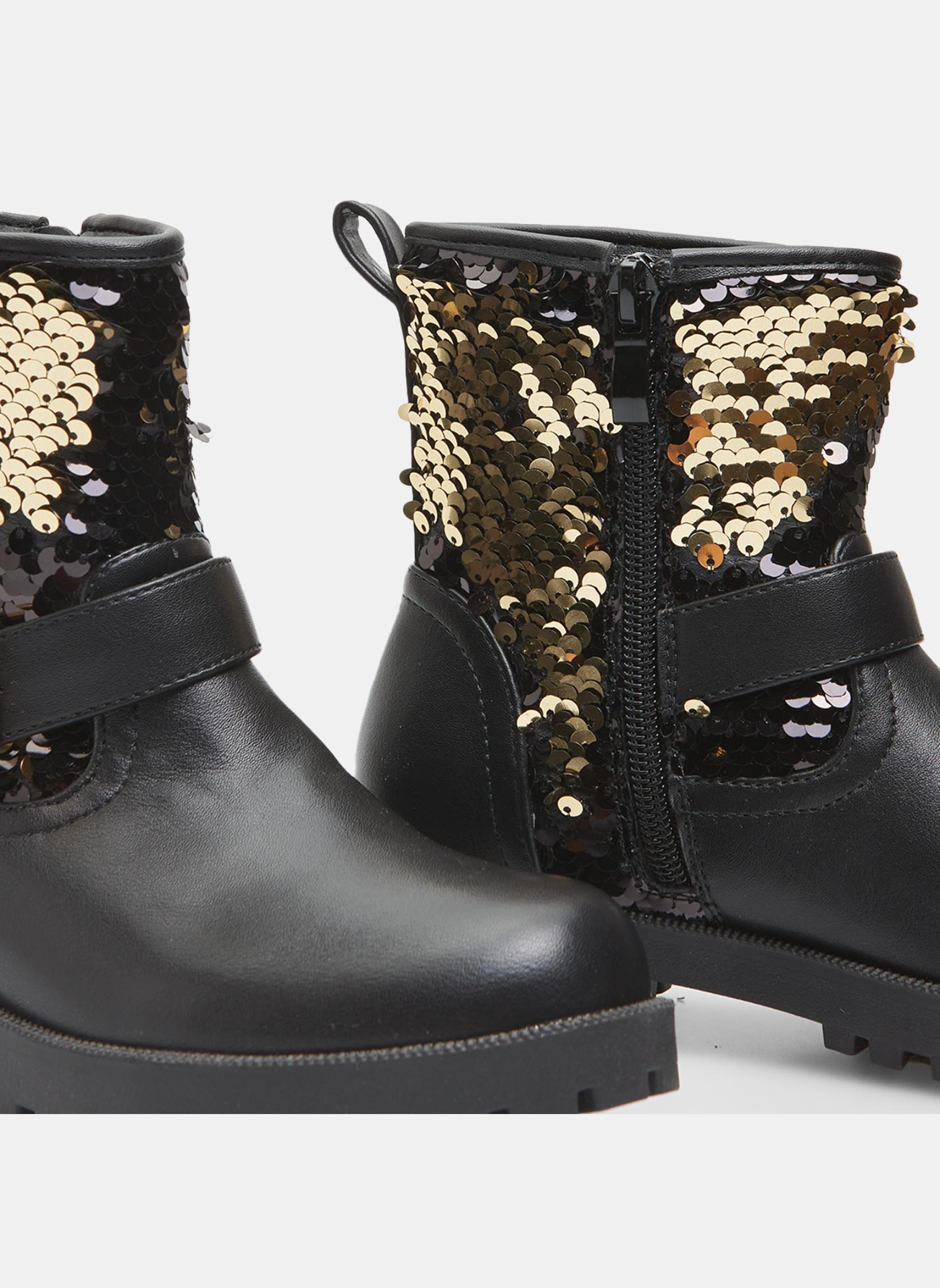 Bottines Plates Noires à Paillettes Sequins Avec Boucles - Taille 39 (UK 6) - Portées 1 Fois Seulement