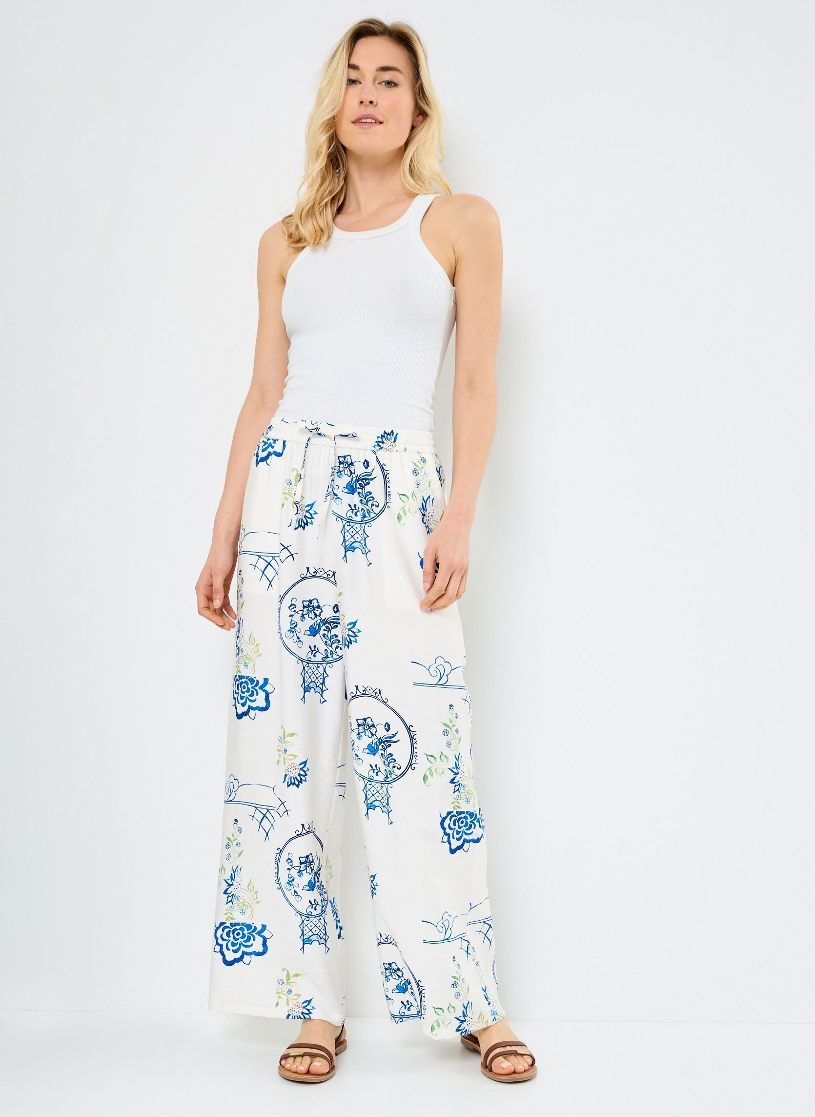 Pantaloni larghi IHLUCIE PA donna bianco Ichi Pantaloni larghi IHLUCIE PA donna bianco BIG SCALE TILE AOP