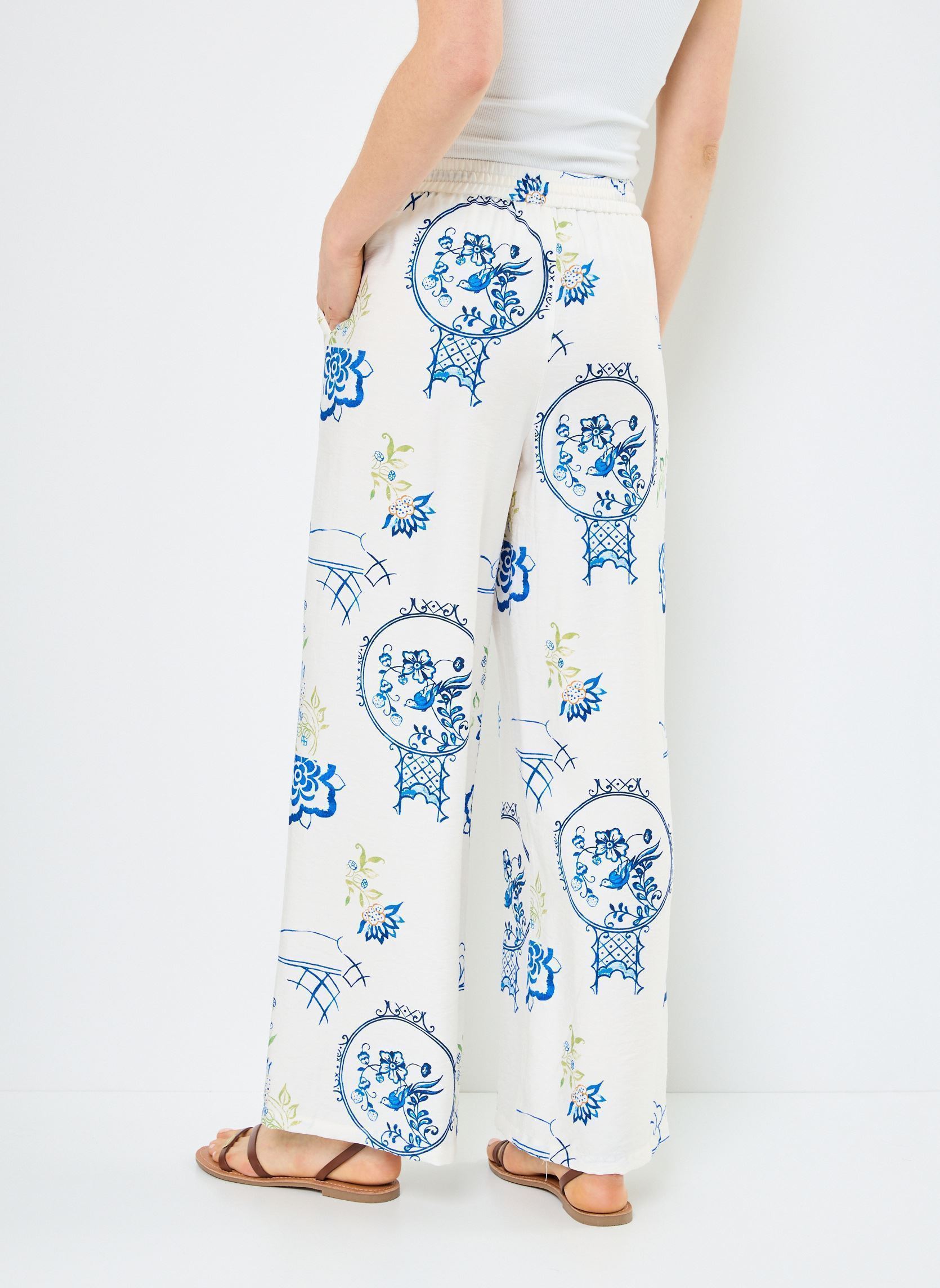 Pantaloni larghi IHLUCIE PA donna bianco Ichi Pantaloni larghi IHLUCIE PA donna bianco BIG SCALE TILE AOP