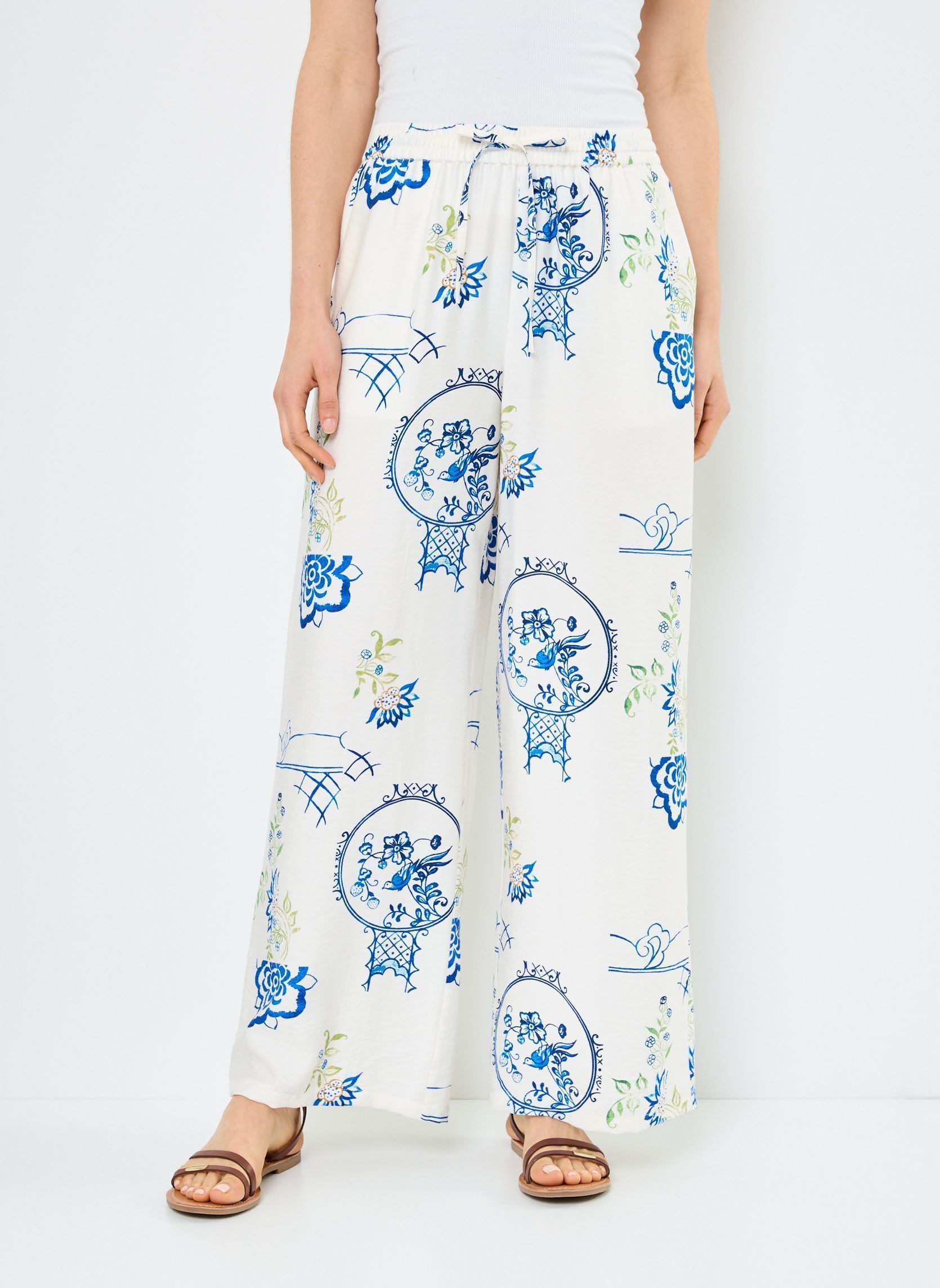 Pantaloni larghi IHLUCIE PA donna bianco Ichi Pantaloni larghi IHLUCIE PA donna bianco BIG SCALE TILE AOP