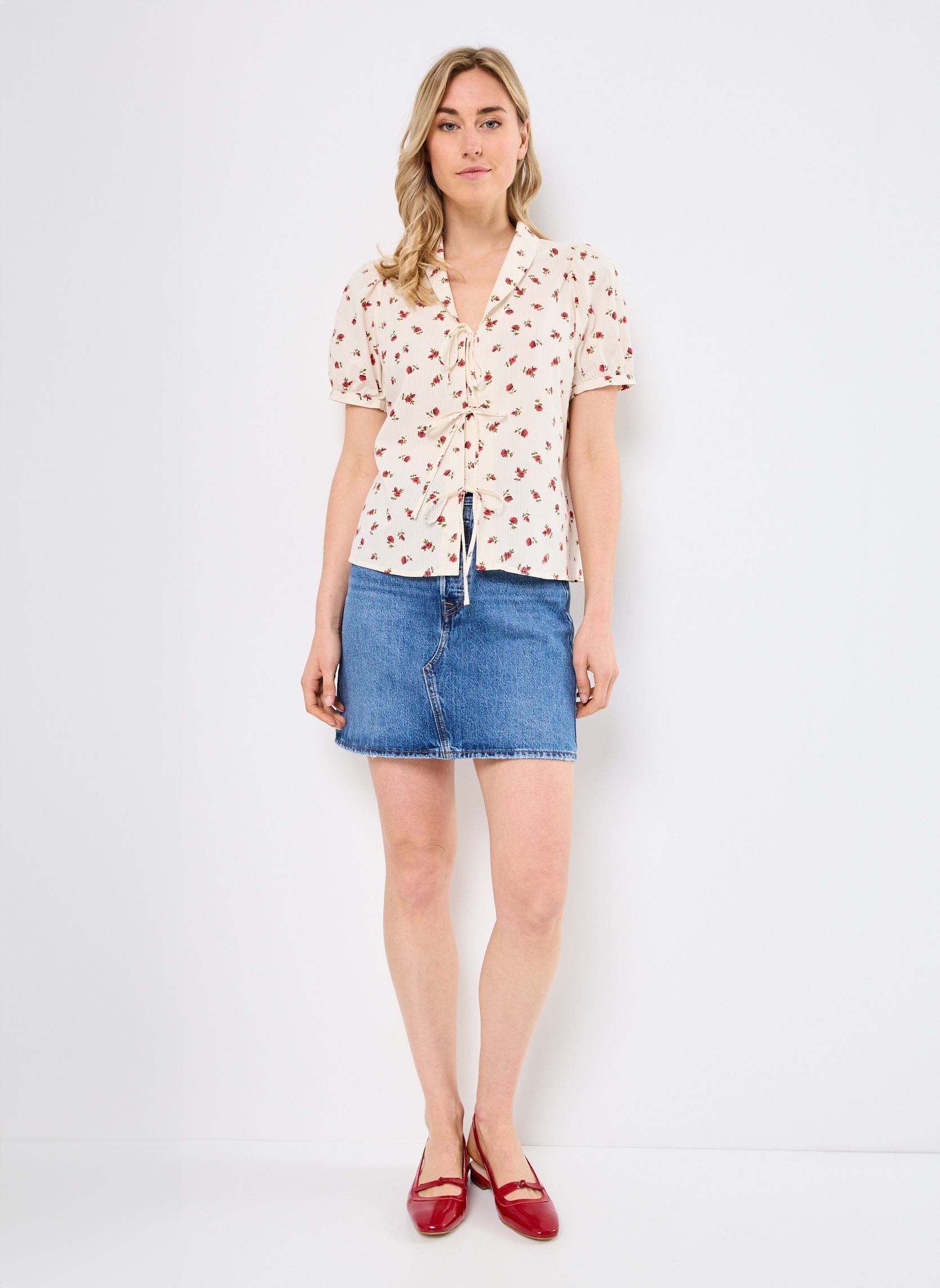 Kurzarm-Blusen IHROSEY SH damen weiß Ichi Kurzarm-Blusen IHROSEY SH damen weiß Geranium Flower aop