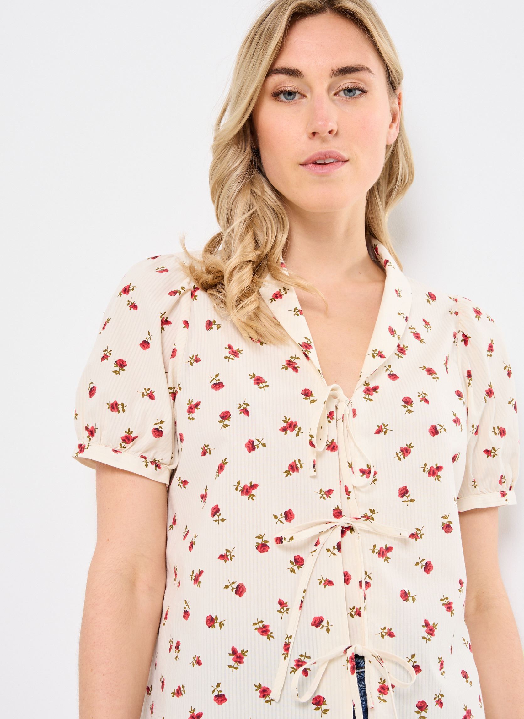 Kurzarm-Blusen IHROSEY SH damen weiß Ichi Kurzarm-Blusen IHROSEY SH damen weiß Geranium Flower aop