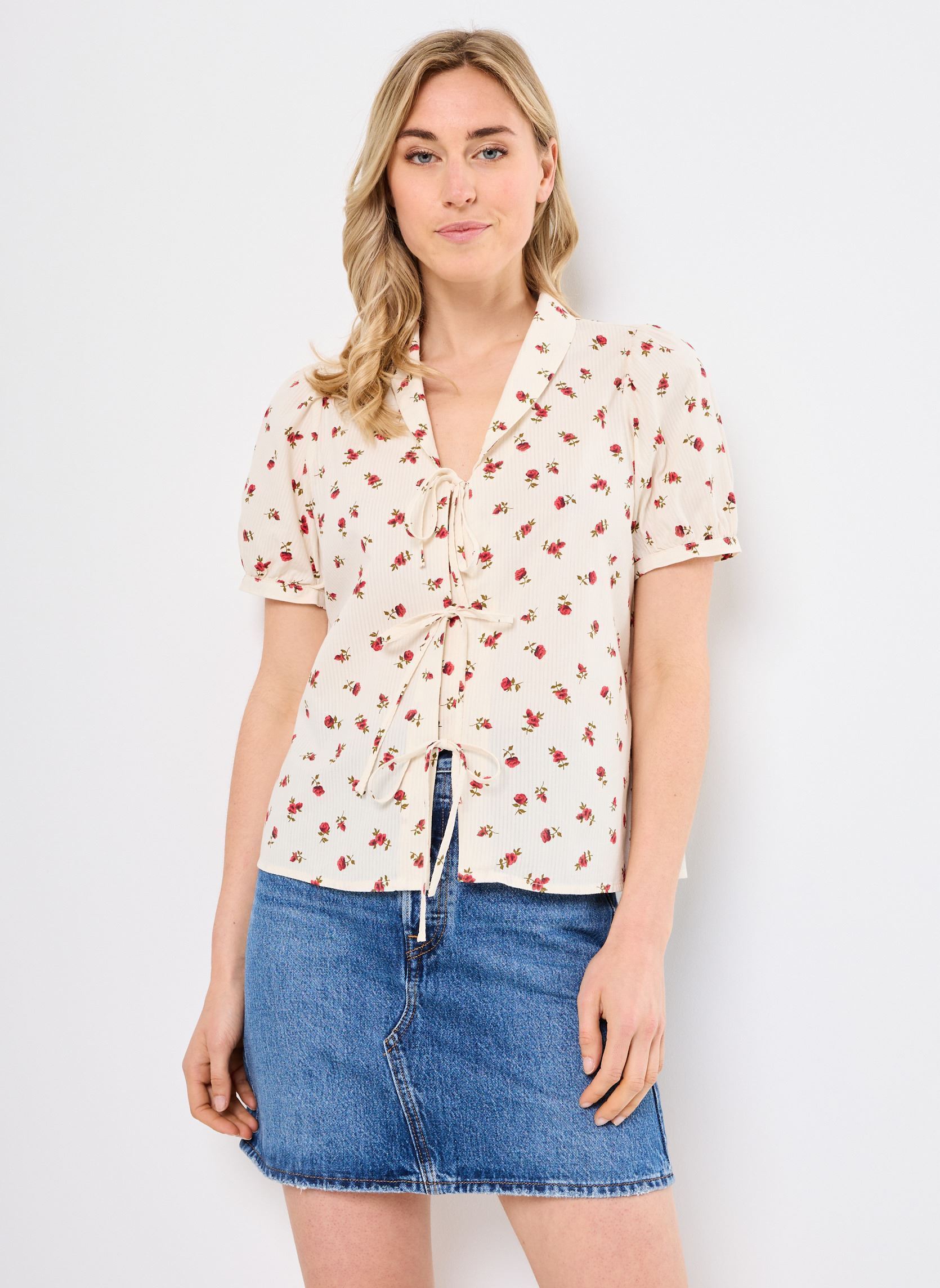 Kurzarm-Blusen IHROSEY SH damen weiß Ichi Kurzarm-Blusen IHROSEY SH damen weiß Geranium Flower aop