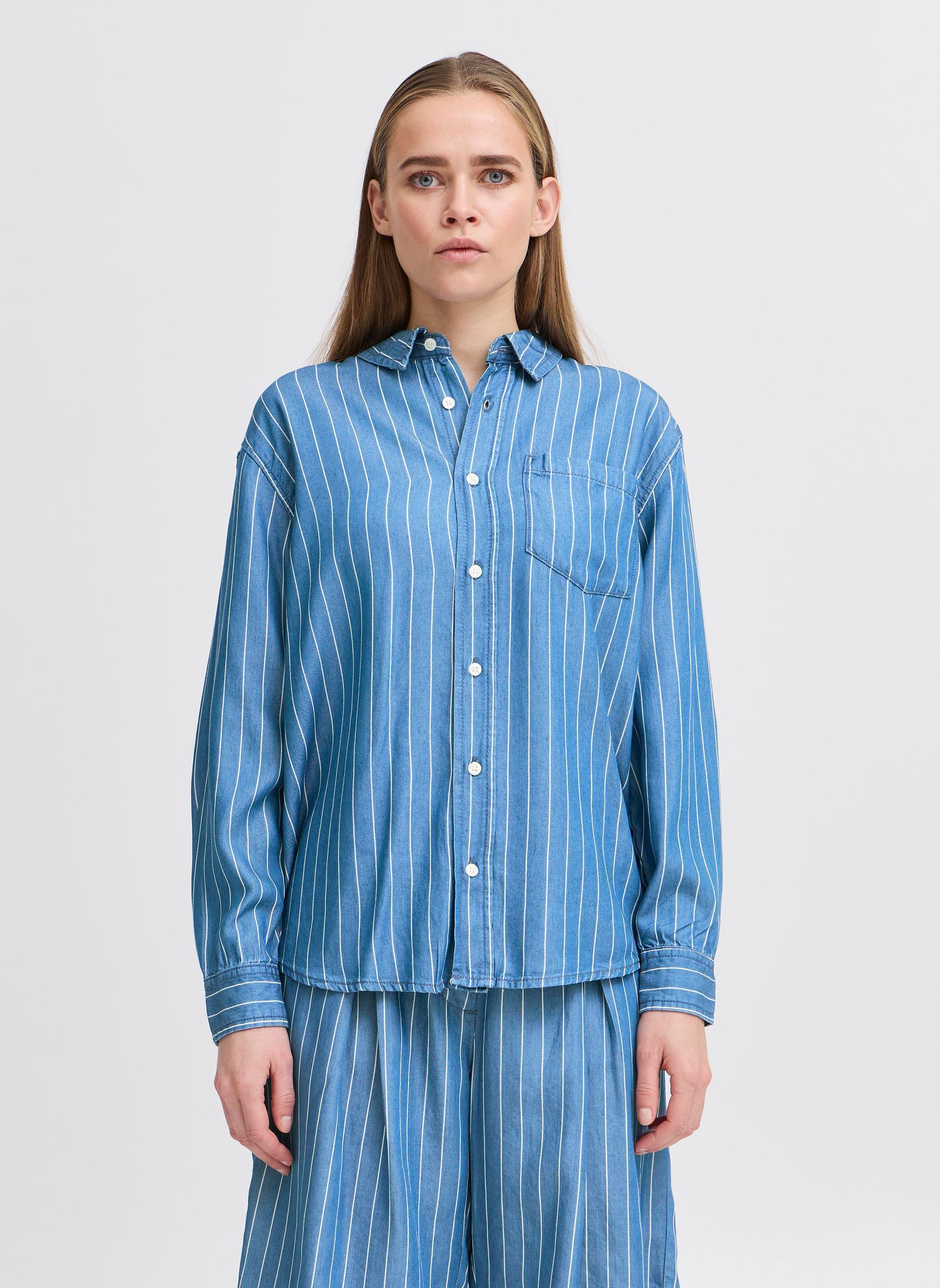 Chemises manches longues IHBECCOS SH femme bleu Ichi Chemises manches longues IHBECCOS SH femme bleu BLUE PINSTRIPE
