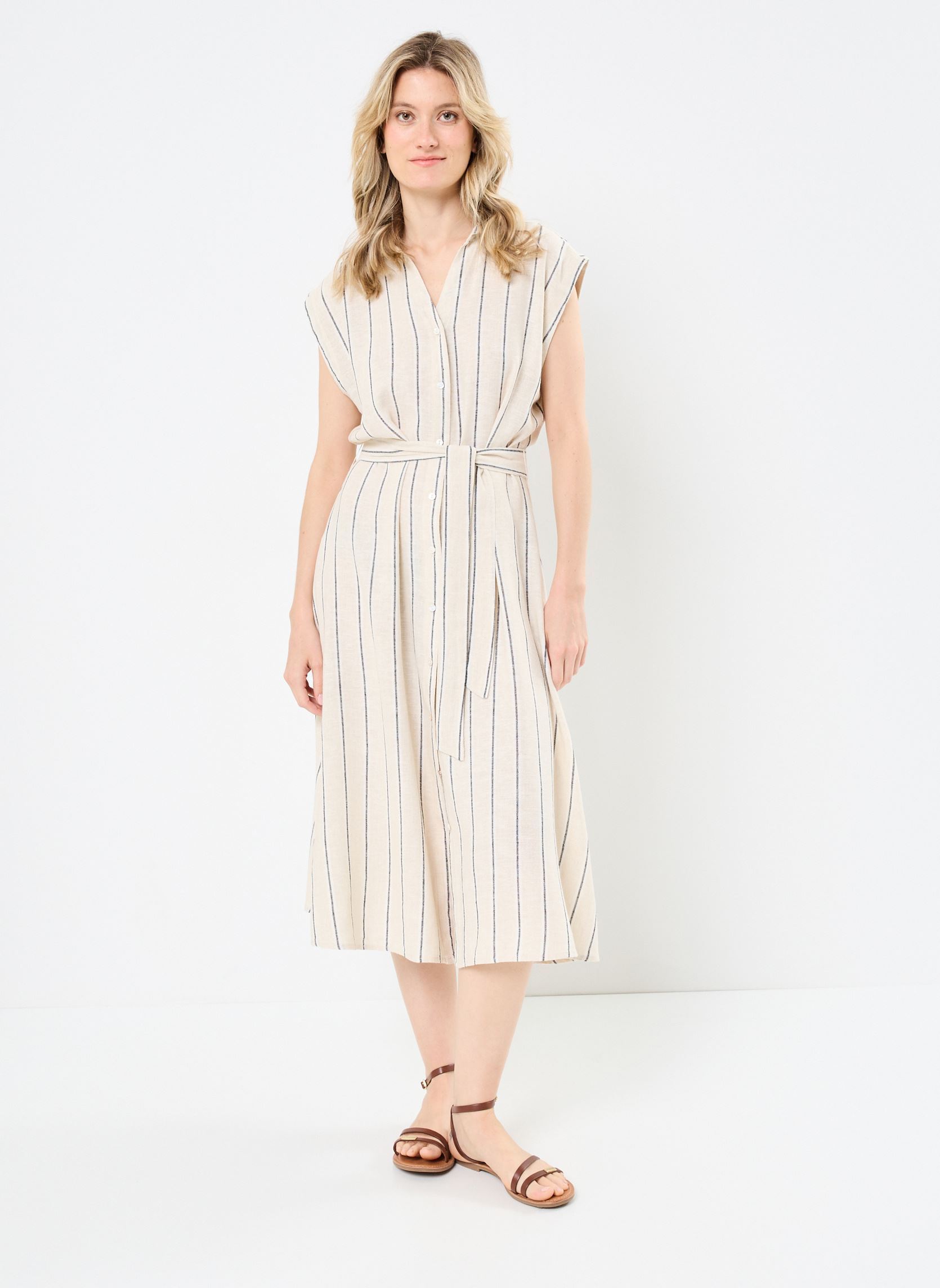 Robes longues IHLINNO DR3 femme blanc Ichi Robes longues IHLINNO DR3 femme blanc Natural Ecru Stripe