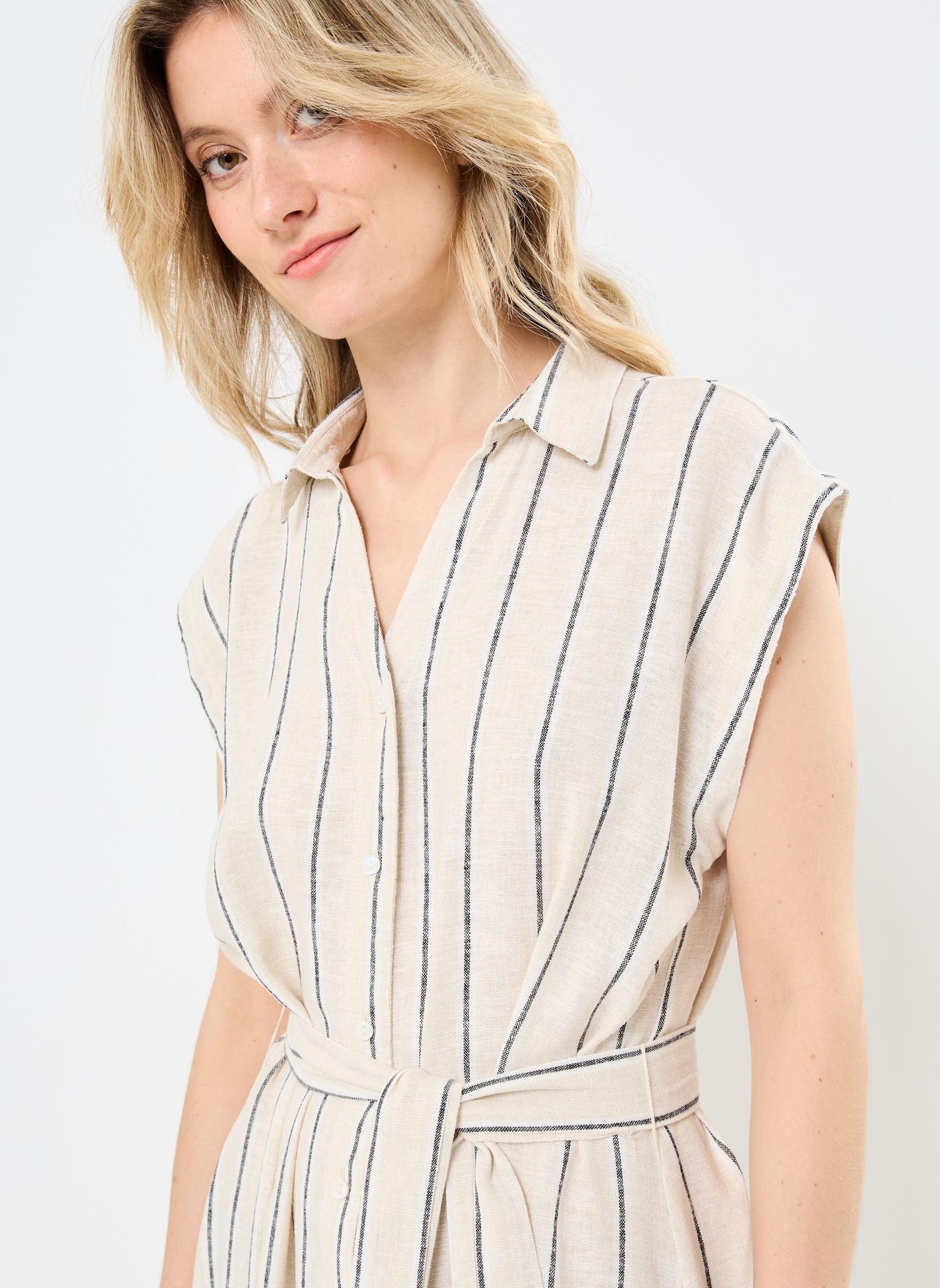 Robes longues IHLINNO DR3 femme blanc Ichi Robes longues IHLINNO DR3 femme blanc Natural Ecru Stripe