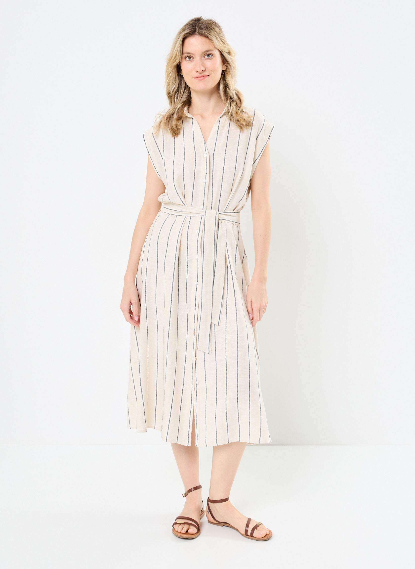 Robes longues IHLINNO DR3 femme blanc Ichi Robes longues IHLINNO DR3 femme blanc Natural Ecru Stripe