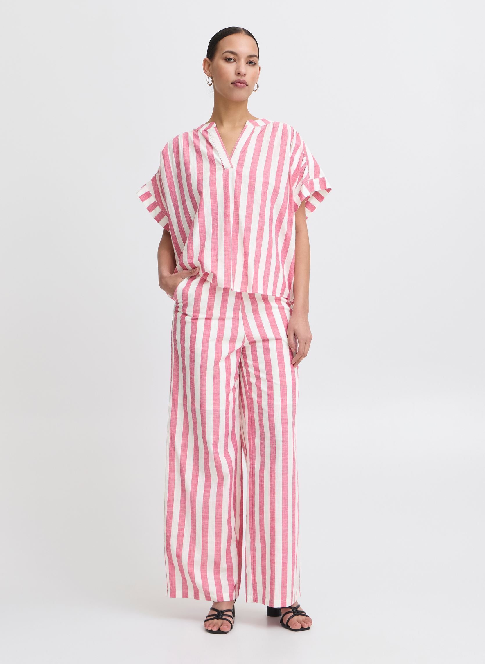 Pantalons larges IHLOLIA PA femme rose Ichi Pantalons larges IHLOLIA PA femme rose Bright Rose/White Stripe