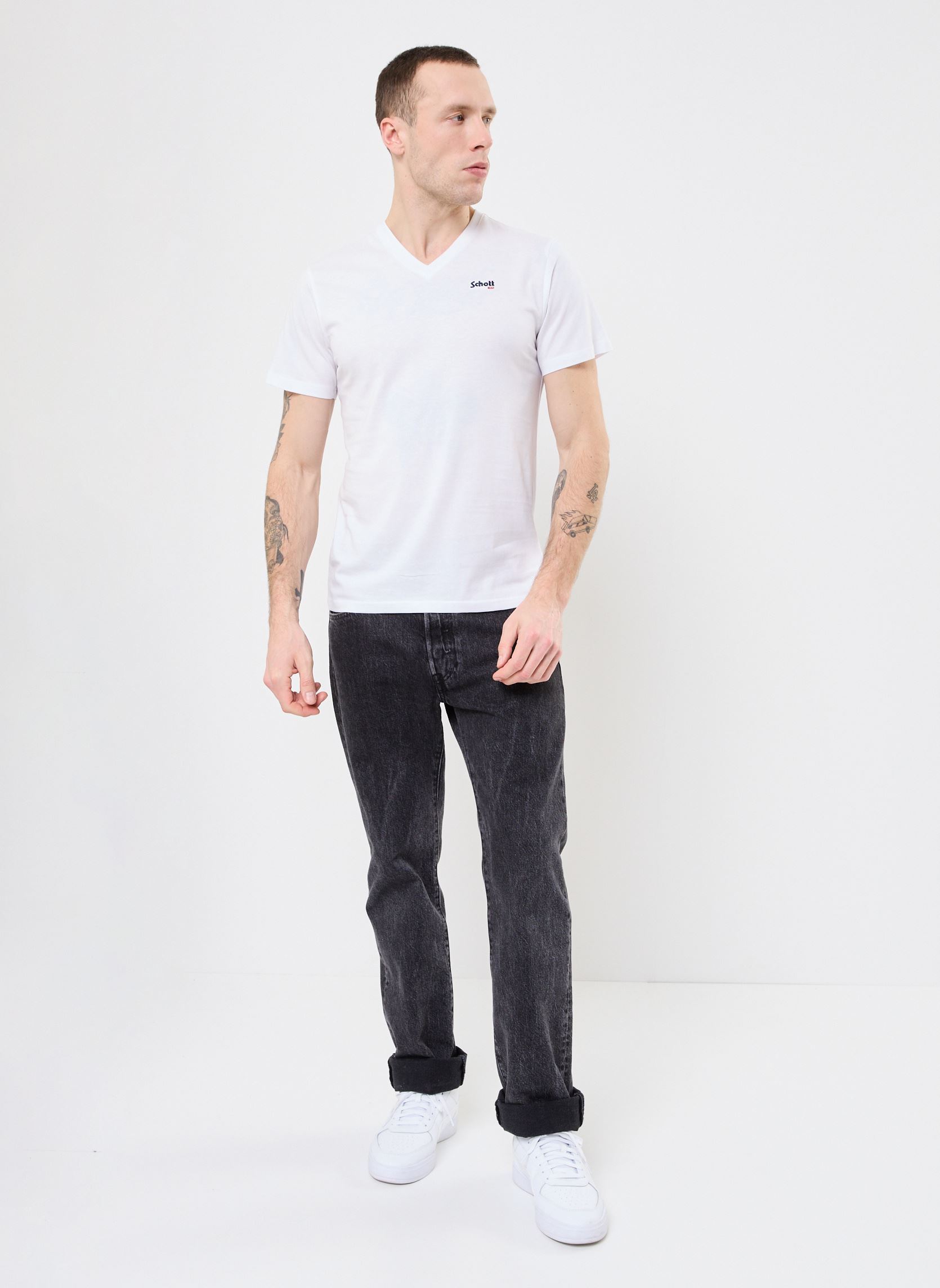 Tee-shirts manches courtes Tshirt Col V Brode-TSCASUALV homme blanc Schott Tee-shirts manches courtes Tshirt Col V Brode-TSCASUALV homme blanc WHITE