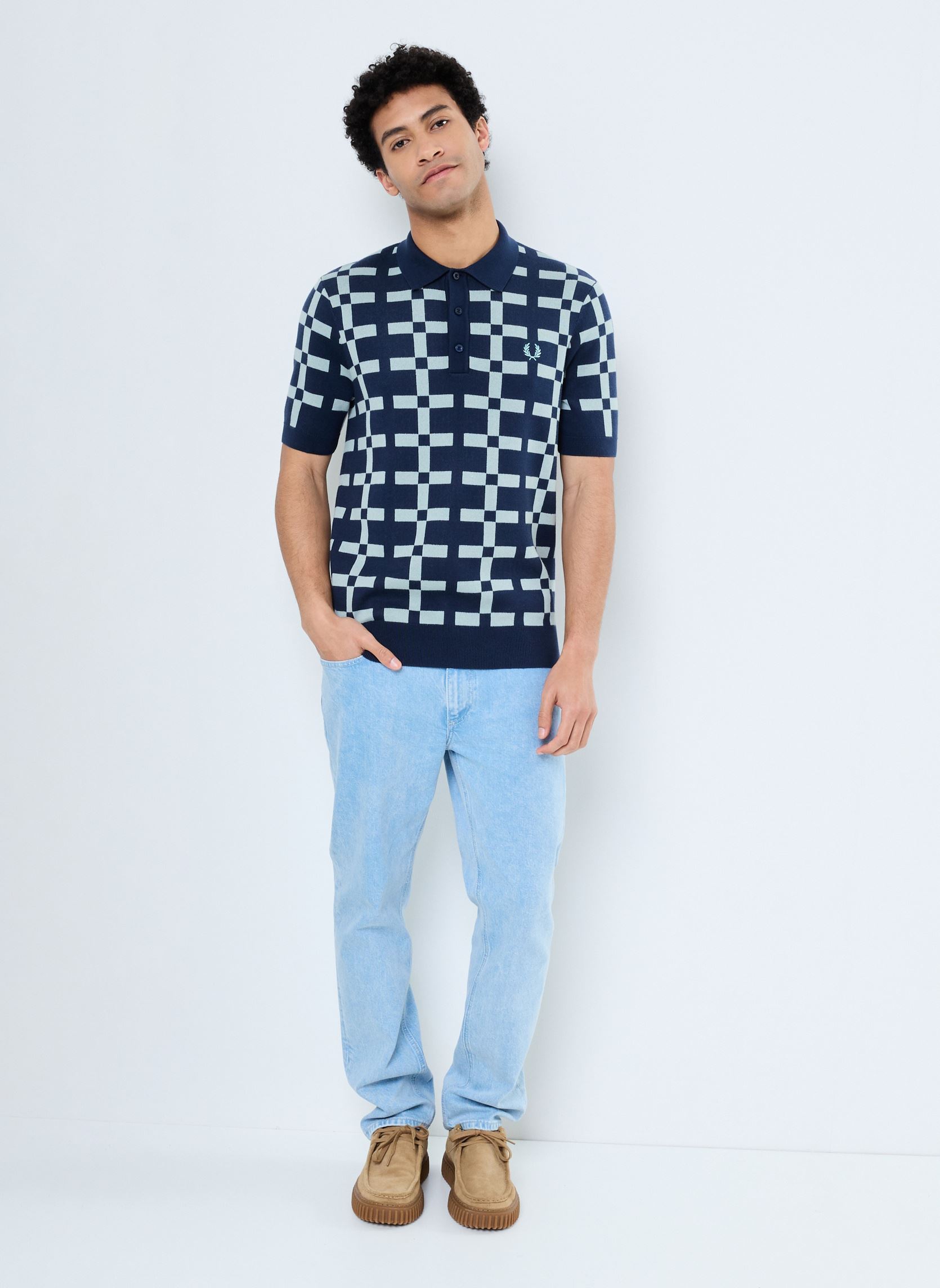 Polos manches courtes GEOMETRIC JACQUARD KNIT SHIRT homme bleu Fred Perry Polos manches courtes GEOMETRIC JACQUARD KNIT SHIRT homme bleu Tennis Blue