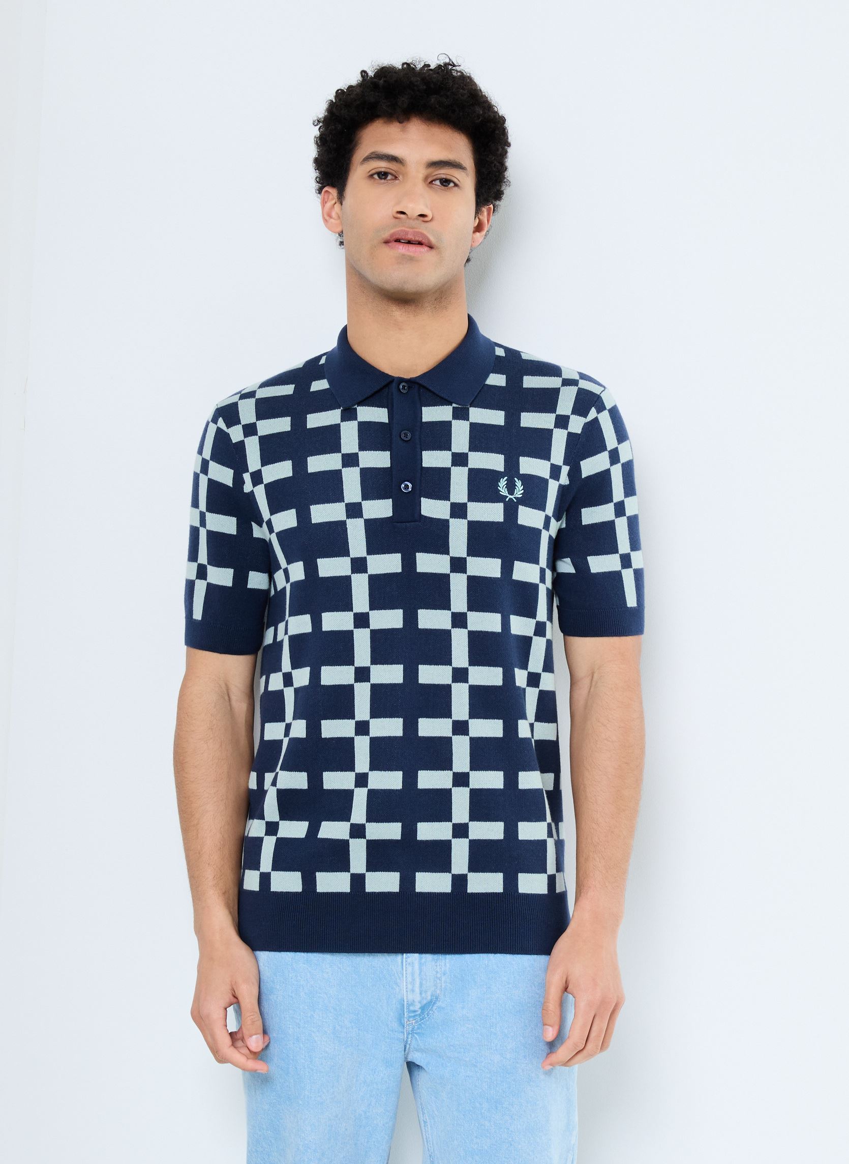 Polos manches courtes GEOMETRIC JACQUARD KNIT SHIRT homme bleu Fred Perry Polos manches courtes GEOMETRIC JACQUARD KNIT SHIRT homme bleu Tennis Blue