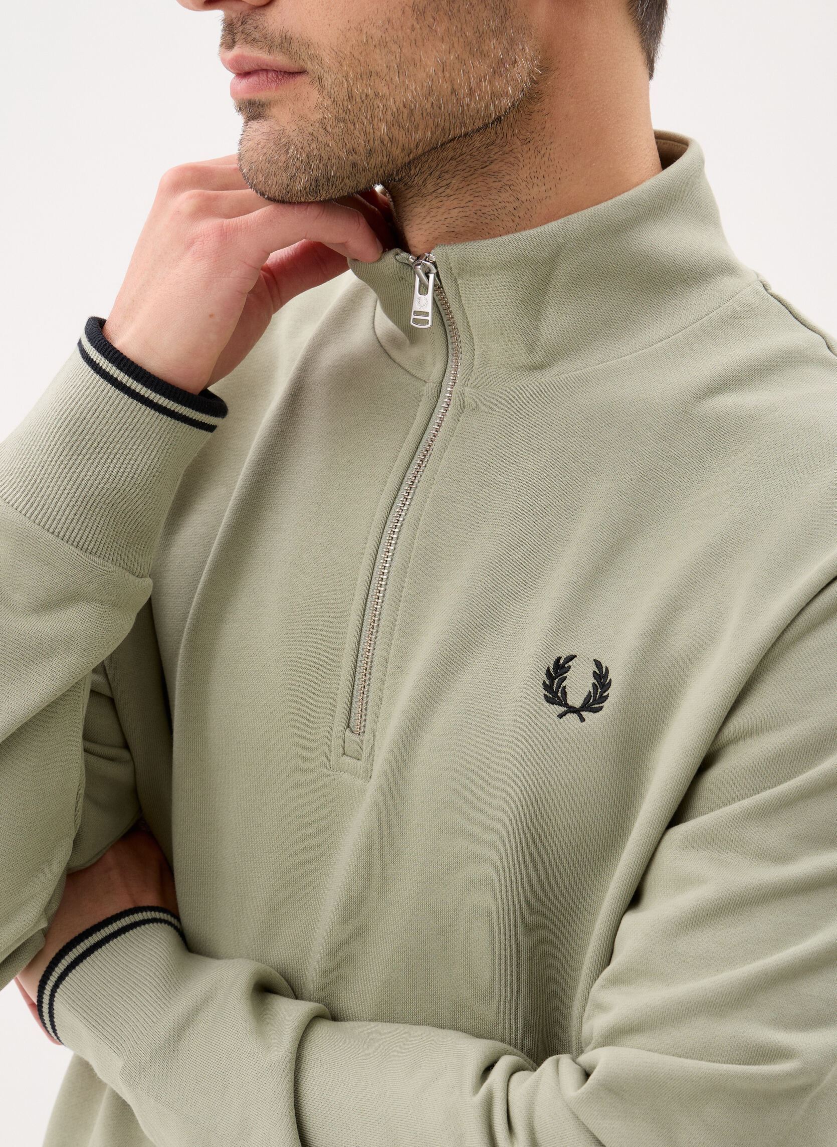 Sweats zippés HALF ZIP SWEATSHIRT homme beige Fred Perry Sweats zippés HALF ZIP SWEATSHIRT homme beige SEAGRASS/BLACK